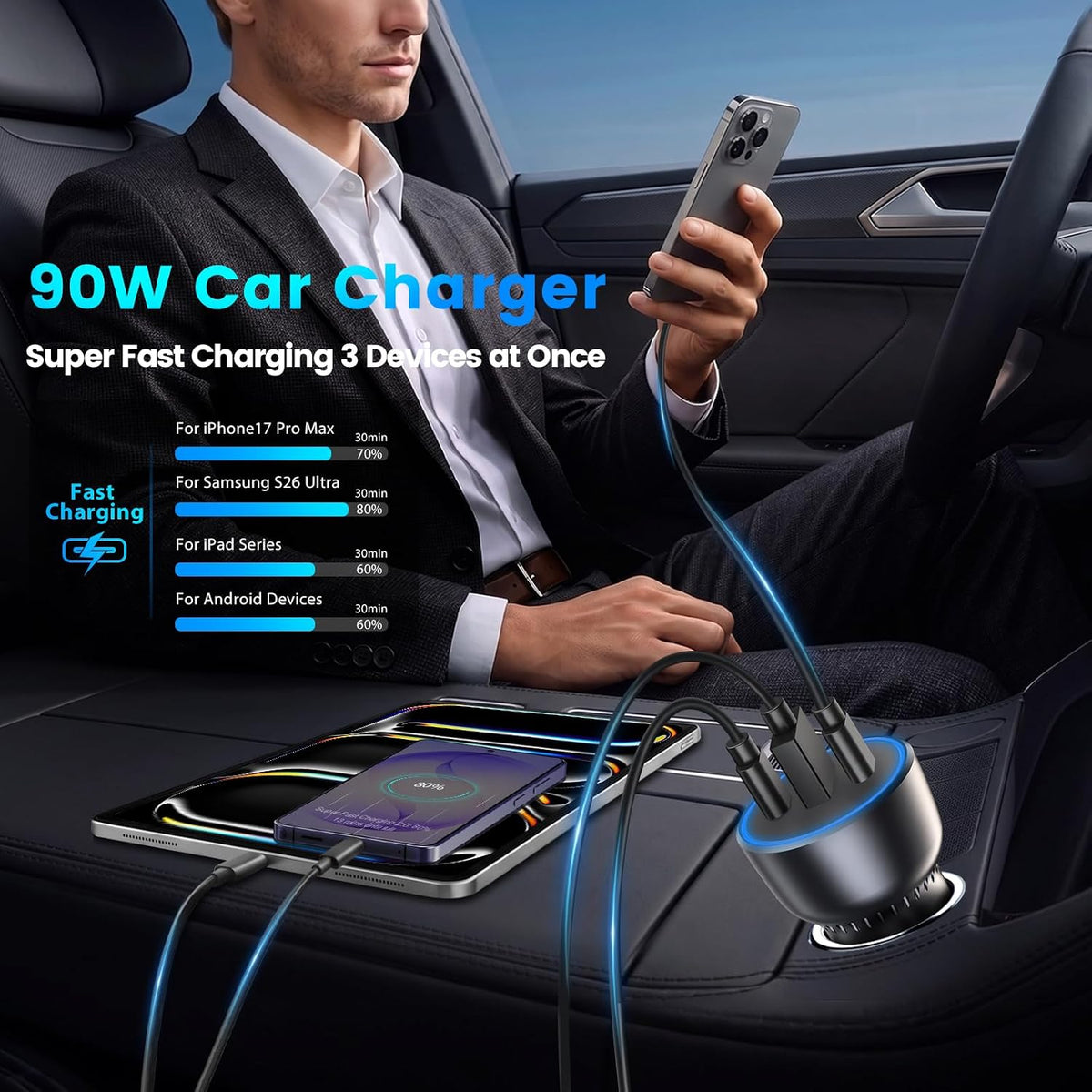 90W USB C Car Charger Multi Ports Adapter Fast Charging for iPhone Duo