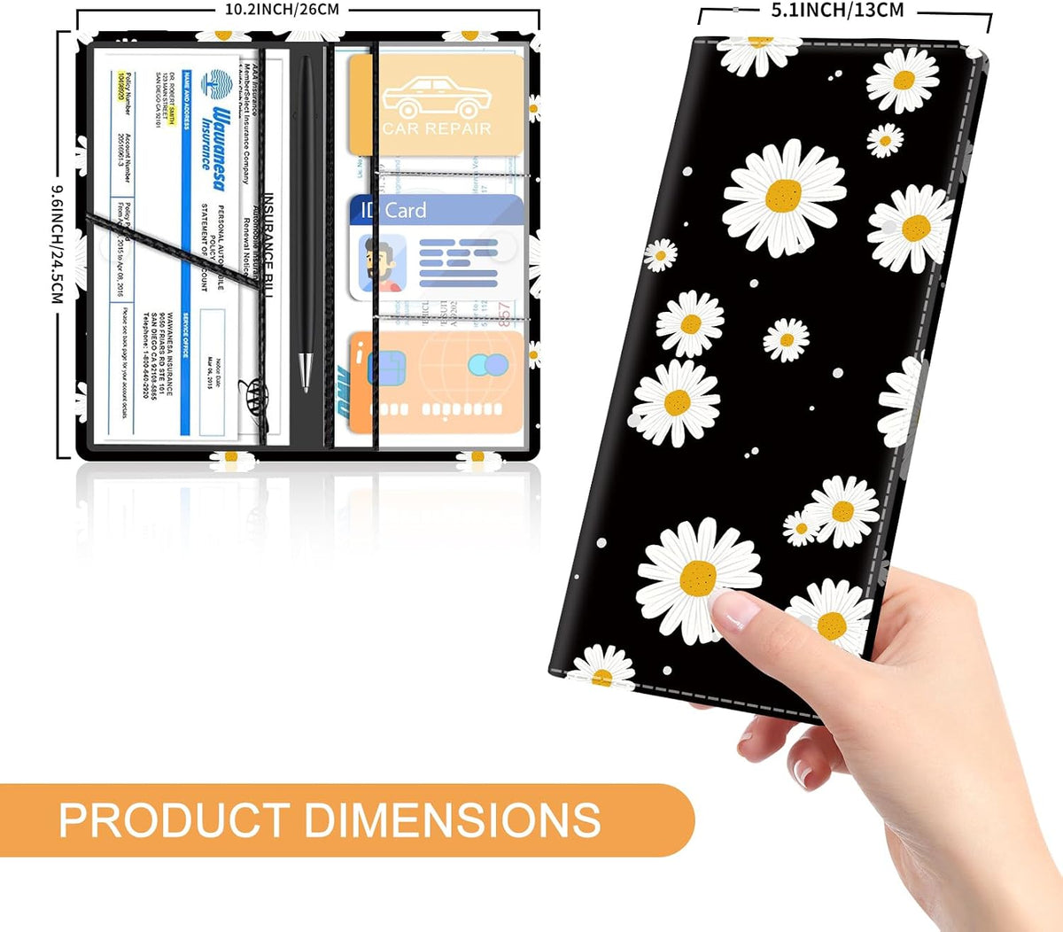 Premium Leather Car Registration and Insurance Card Holder with Magnetic Shut, Cute Vehicle License Document Glove Box Compartment Organizer Cool Car Accessories Black Daisy Floral
