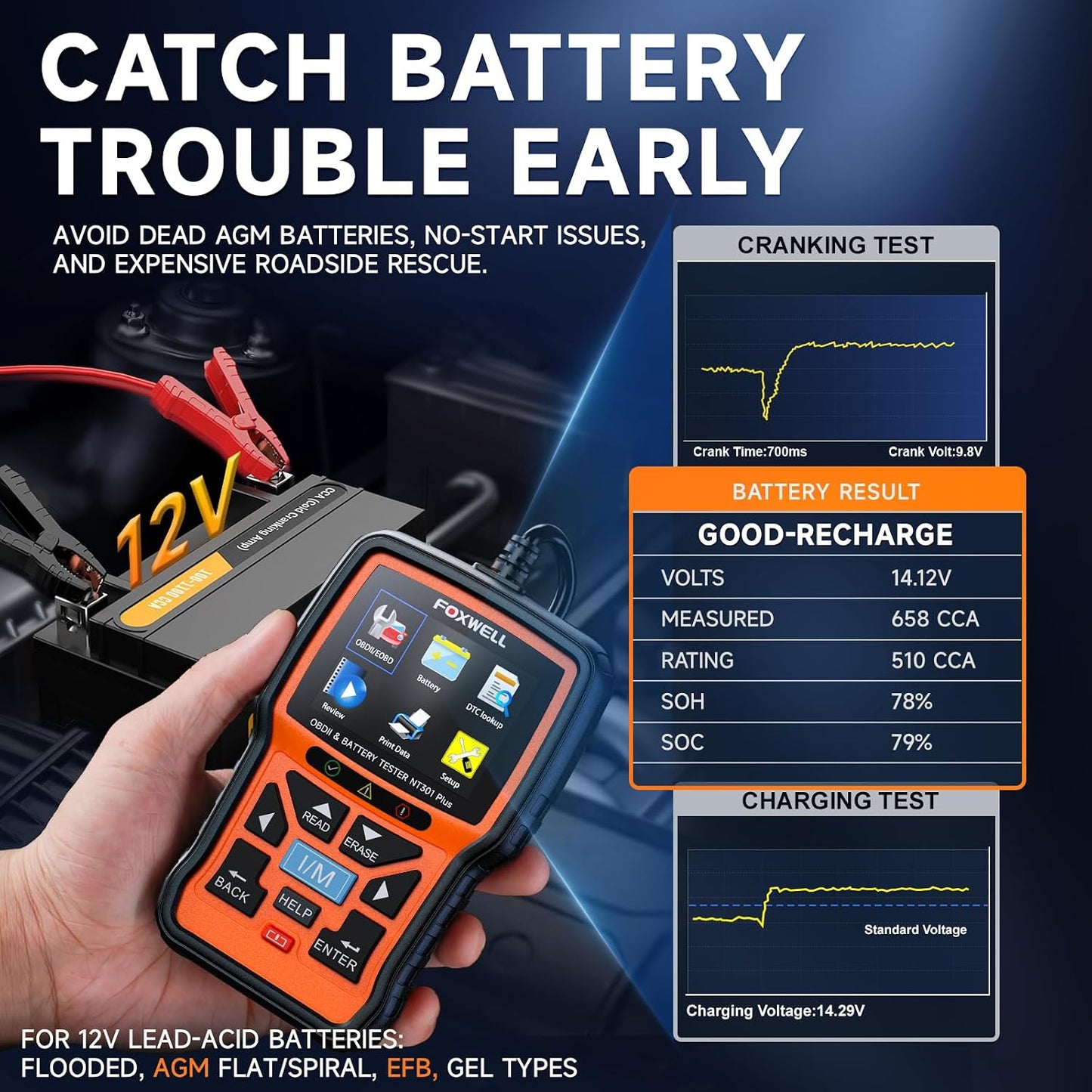 2-in-1 FOXWELL NT301 Plus OBD2 Scanner with 12V Battery Tester, Check Engine Light Code Reader, Car Battery/Starter/Charging System Test, Live Data Diagnostic Tool for 1996+ OBDII Vehicles