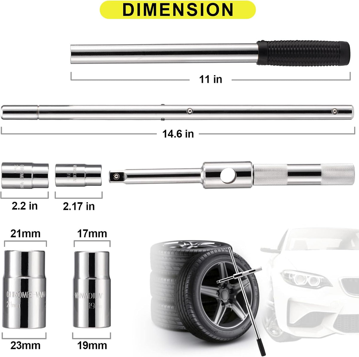 Spurtar Extended 4 Way Lug Wrench, Tire Iron Lug Nut Wrench, Tire Nut Remover Tools 1/2 Drive with 17/19mm and 21/23mm Sockets