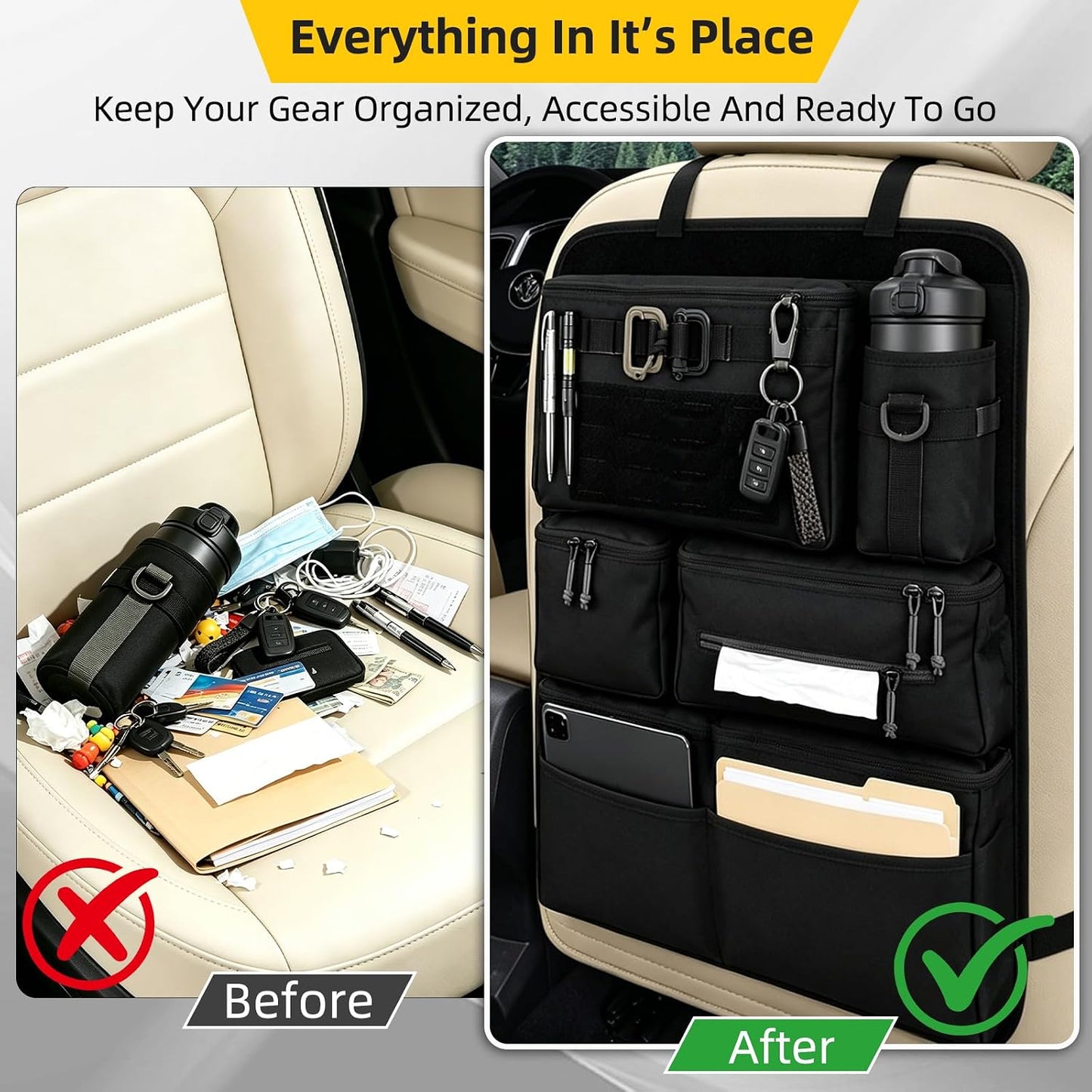 Tactical Seat Back Organizer With MOLLE Panel, Heavy Duty Car Back Seat Storage With Multiple Pockets And Hook And Loop Panel, For EDC Gear, Fits SUV Truck Jeep