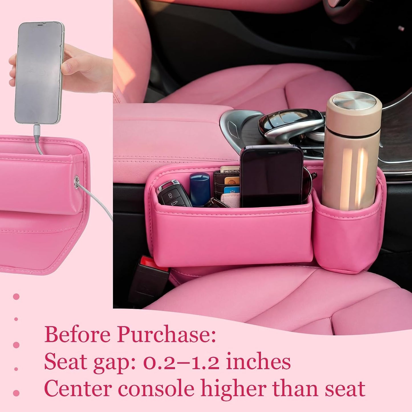 Aliceset 2 Pack Pink Car Seat Gap Filler Organizer with Cup Holder and Storage Leather Car Organizer for Keys Cards Phone Sunglasses and Small Items