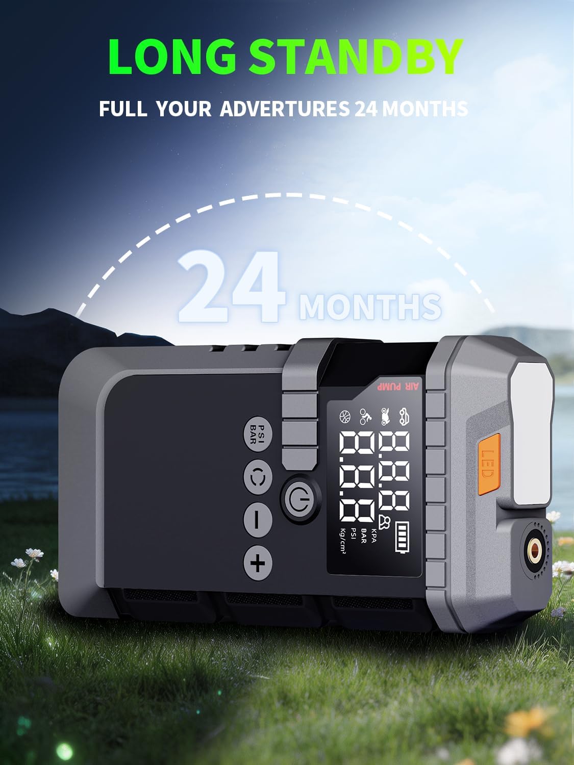 Portable Car Battery Jump Starter with Air Compressor (All Gas/12L Diesel)