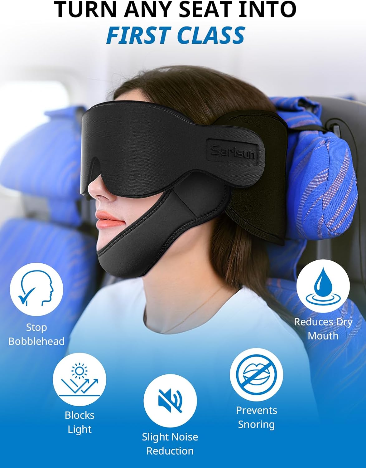 SARISUN Travel Pillows for Airplanes with Sleep Eye Mask, Chin Strap, Airplane Pillow for Long Flights, Car Road Trip, 360° Support Headrest, Stop Bobblehead Travel Essential, Mottled Grey