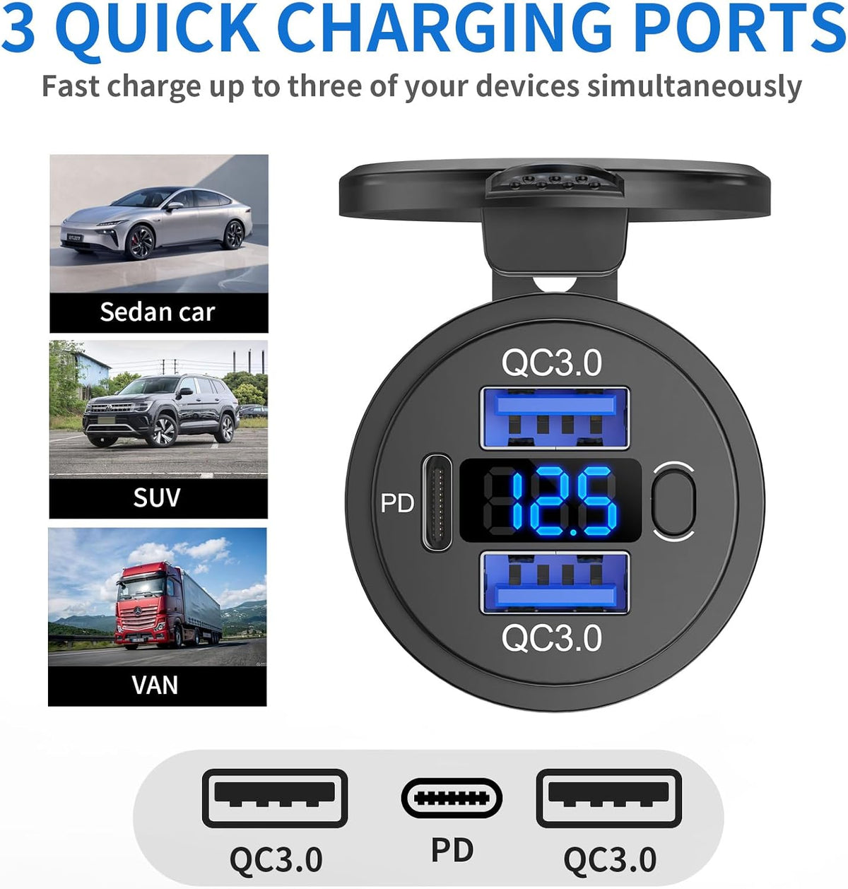 12V USB C Outlet Marine USB Charging Port for Car, Dual Quick Charge 3.0 & PD 3.0 Car Charger Socket with Button Switch and Voltmeter, Cigarette Lighter Replacement DIY Kit for 12V/24V Vehicles