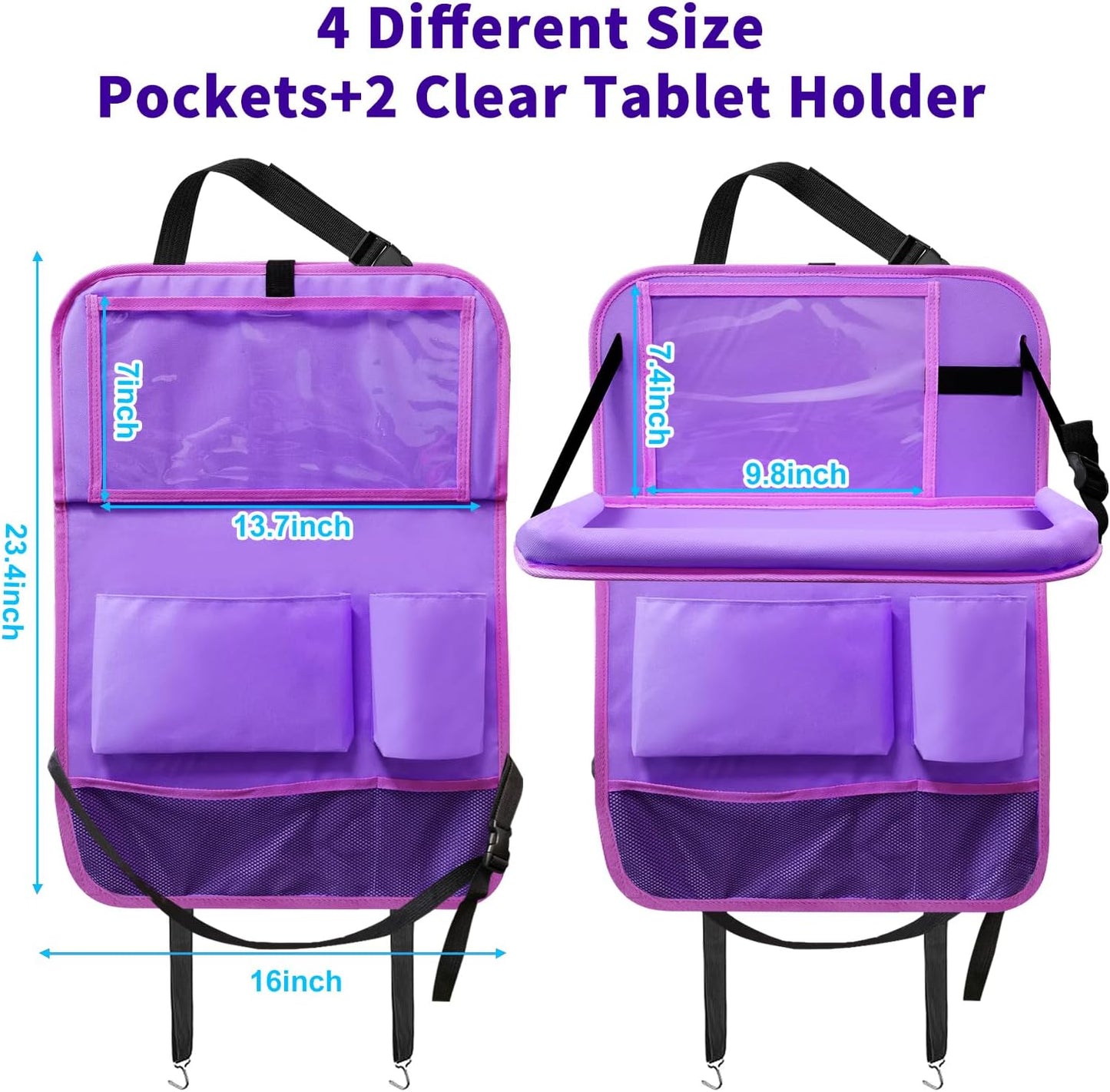 Car Seat Back Organizer Table Tray, Car Seat Storage Organizer for Kids with Foldable Tablet Holder, 6 Storage Pockets Kick Mats 600D Oxford, 2 Pack Purple