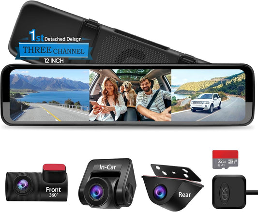 12" Rear View Mirror Dash Cam 3 Channel - Car Rearview Camera Dashcam