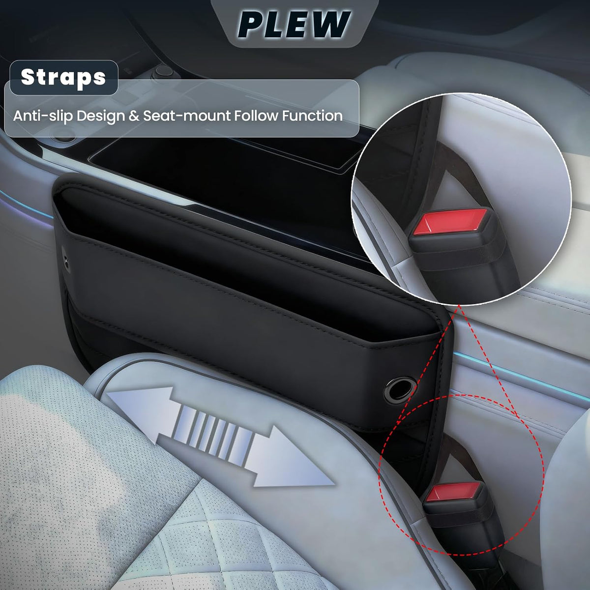 2-Pack Car Seat Gap Filler Organizer - Upgraded Anti-Slip Strap Design - Premium Leather Side Console Pocket - Prevent Phone Falling - (0.2”-1.2" Gaps),Clever Gifts for SUV, Truck & Sedan, Black