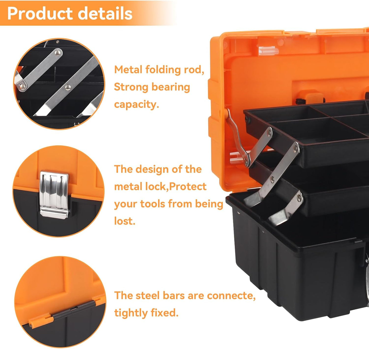 WEWLINE 16.5-Inch Tool Box Organizer 3-Layer Multiplication Plastic Storage Toolbox with Portable Handle Perfect for Home Office Car Trunk Fishing