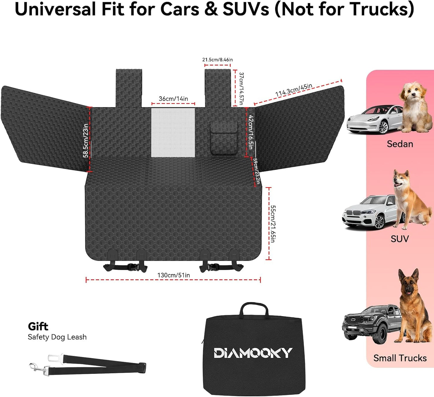 DIAMOOKY Dog Car Seat Cover for Back Seat, Waterproof Back Seat Extender for Dogs w/Door & Headrest Protector, Hard Bottom Pet Bed Hammock Holds 420lbs, for Cars SUVs Small Trucks(Not for 3-row seats)