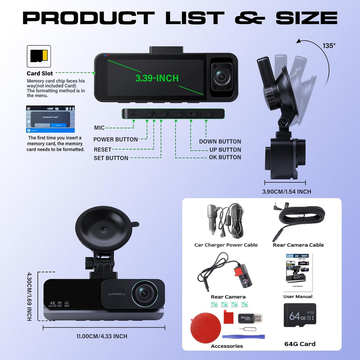 Hodozzy 3 Channel Dash Cam Front and Rear Inside, WiFi GPS, 4K Dash Camera