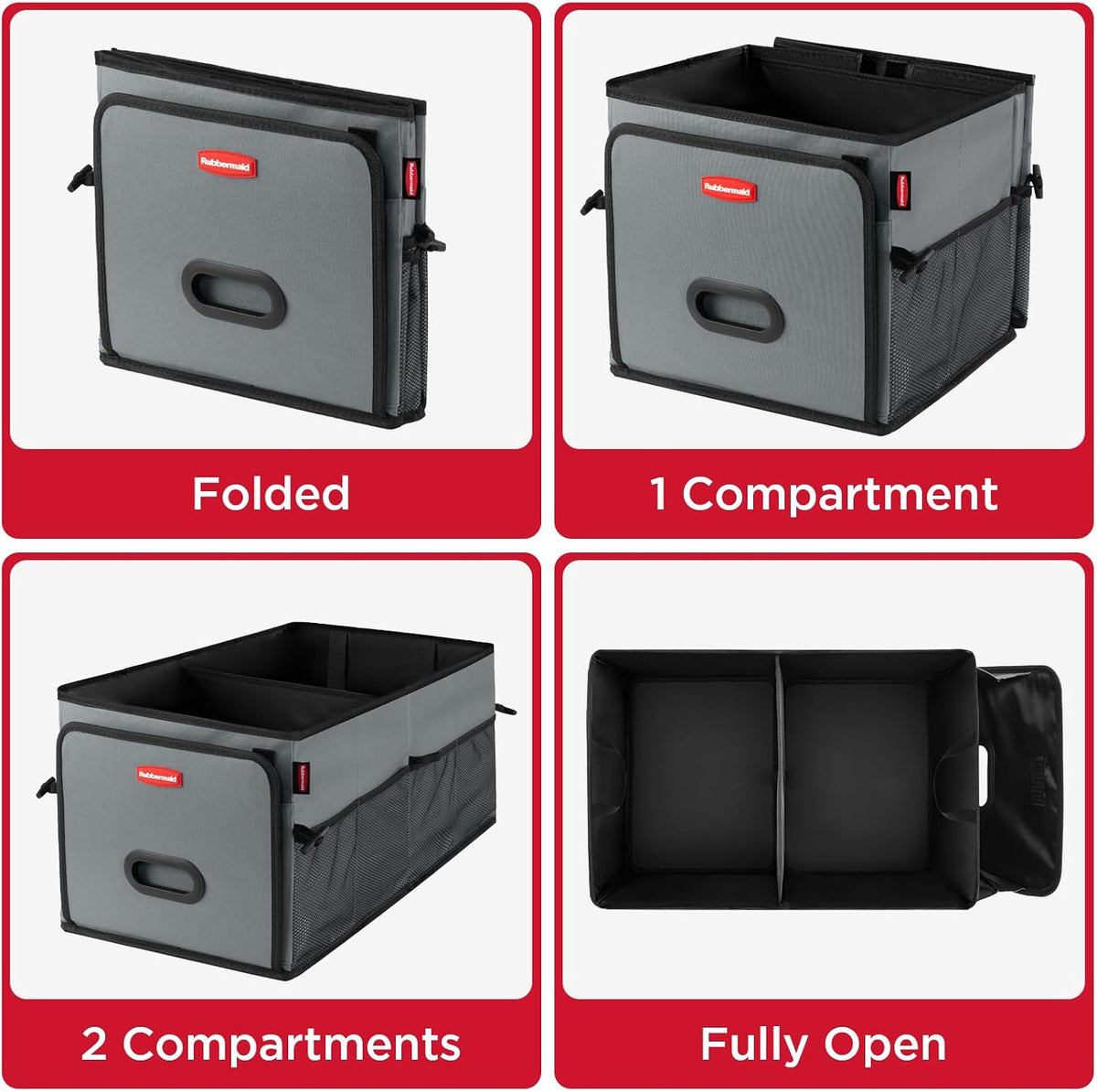 Rubbermaid Car Organizer, Collapsible Trunk Organizer, Multi-Compartment Car Storage Organization for Car Accessories, 2 Compartments-Gray