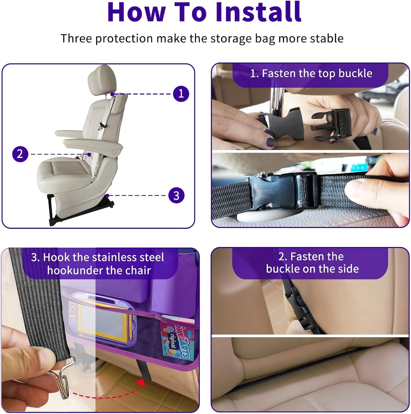 Car Seat Back Organizer Table Tray, Car Seat Storage Organizer for Kids with Foldable Tablet Holder, 6 Storage Pockets Kick Mats 600D Oxford, 2 Pack Purple