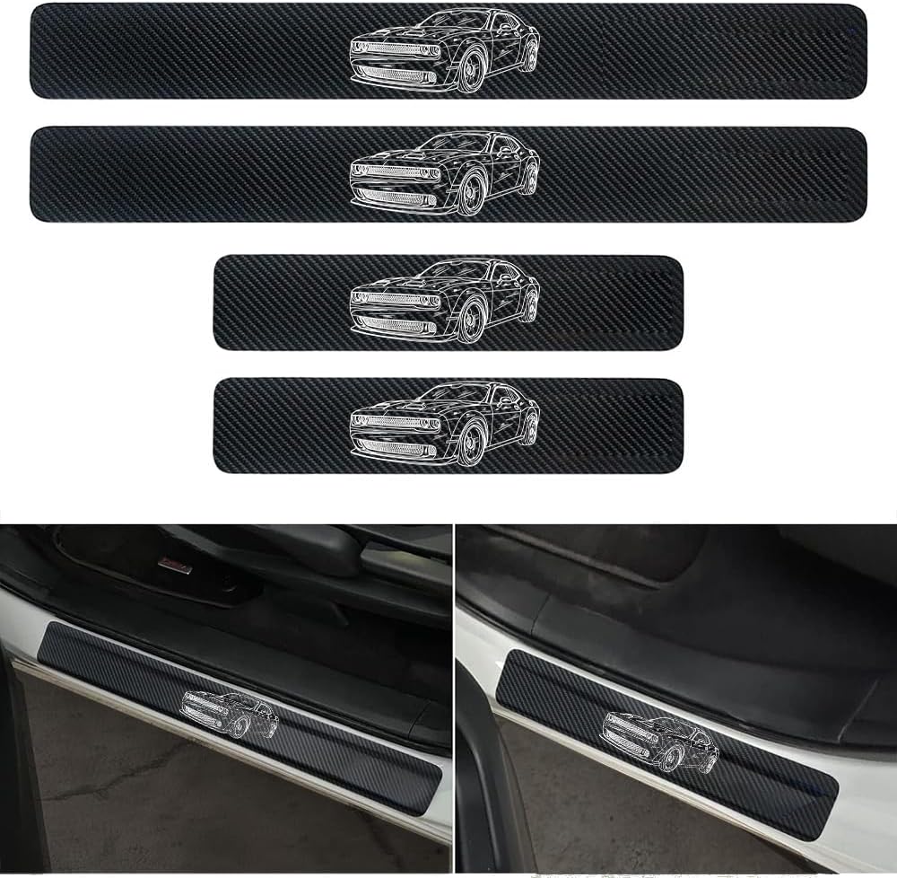 4Pcs Car Door Sill Protector fit for Dodge Challenger Reflective 4D Carbon Fiber Door Entry Guard Door Sill Scuff Plate Accessories