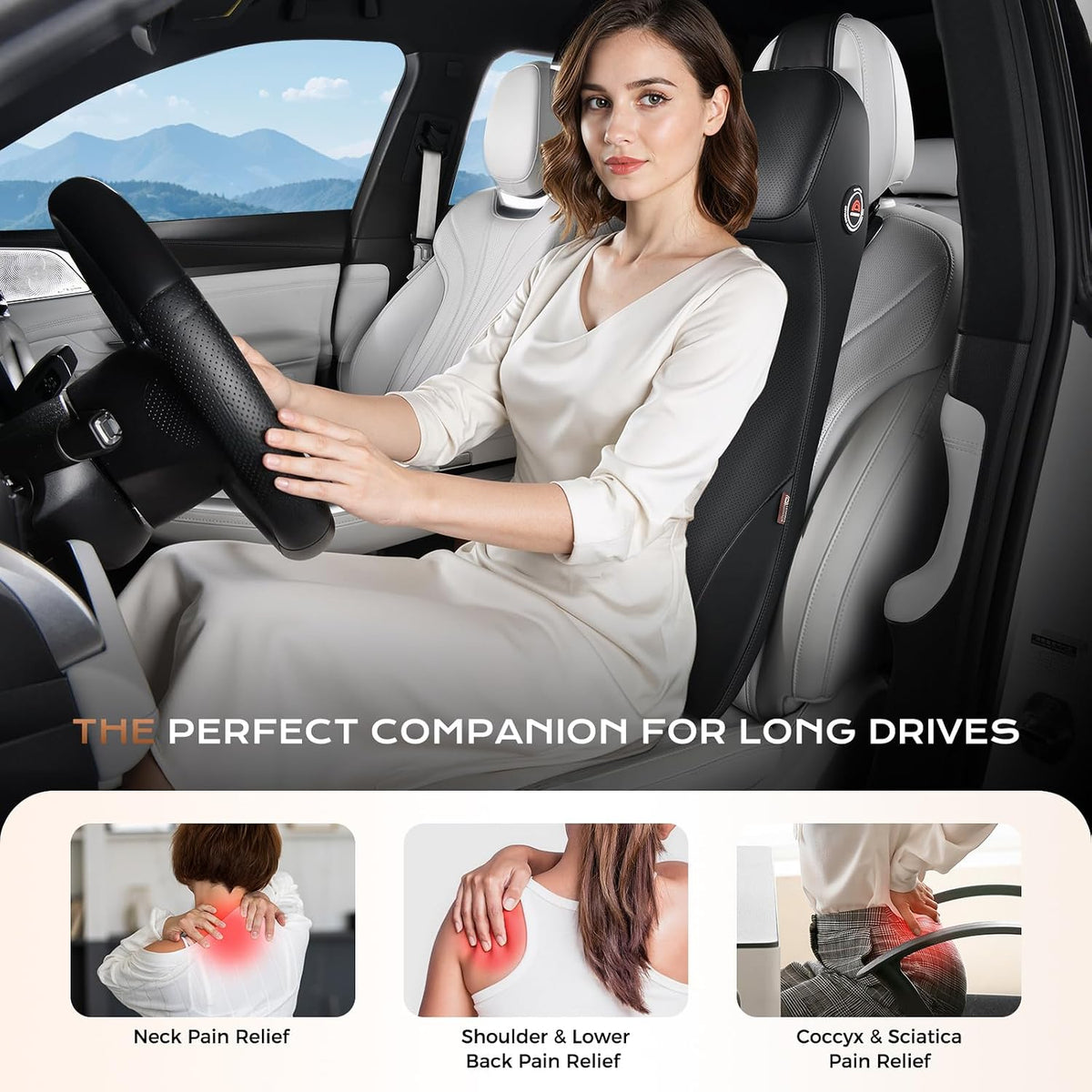 Coverado Car Seat Cushion and Lumbar Support Headrest Pillow, Integrated Ergonomic Memory Foam Back Support Neck Pillow, Soft Leather Breathable Driving Seat Cushion for Sciatica Pain Relief, Black