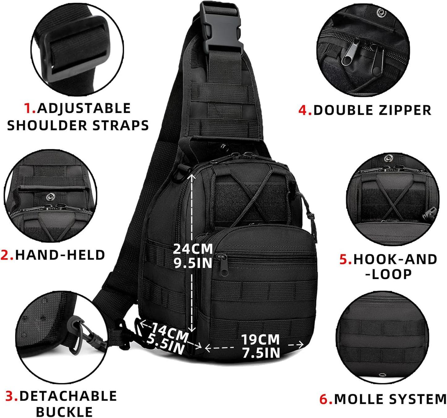 J.SH Tactical Sling Bag, Military MOLLE System Crossbody Bag, Waterproof Durable High-Density Nylon Material, 4-in-1 Carry Design, for Hiking, Cycling, Travel, Commuting, Outdoor and EDC - Black