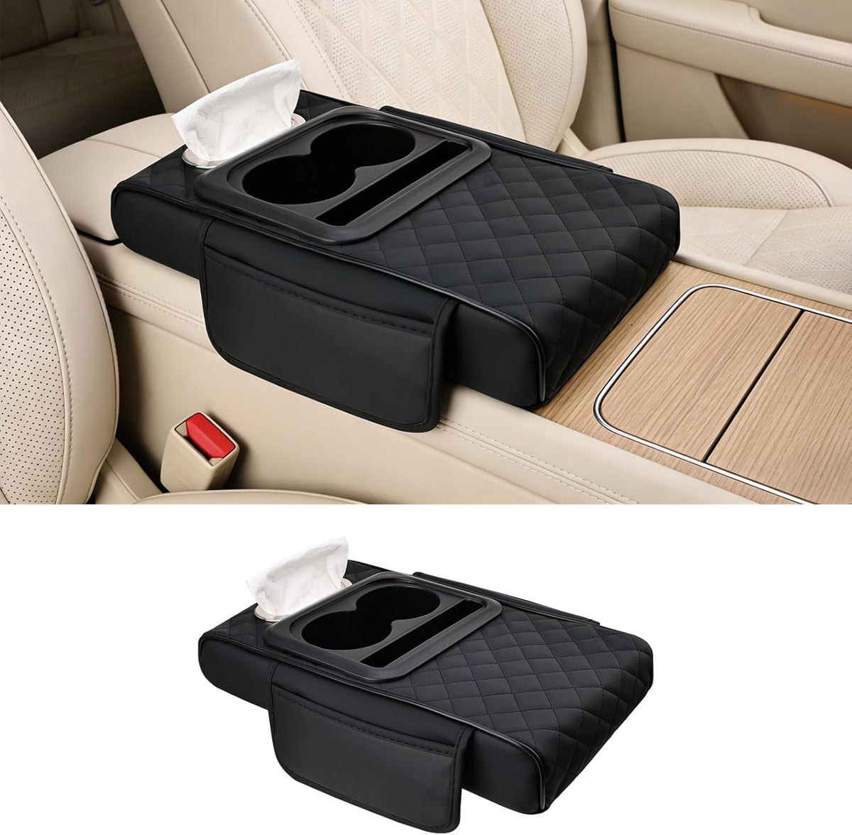 Car Armrest Cushion,Multifunctional Leather Console Cover with Cup Holders,Center Console Armrest with Tissue Box Slot & Phone Storage,Car Interior Accessories,Black