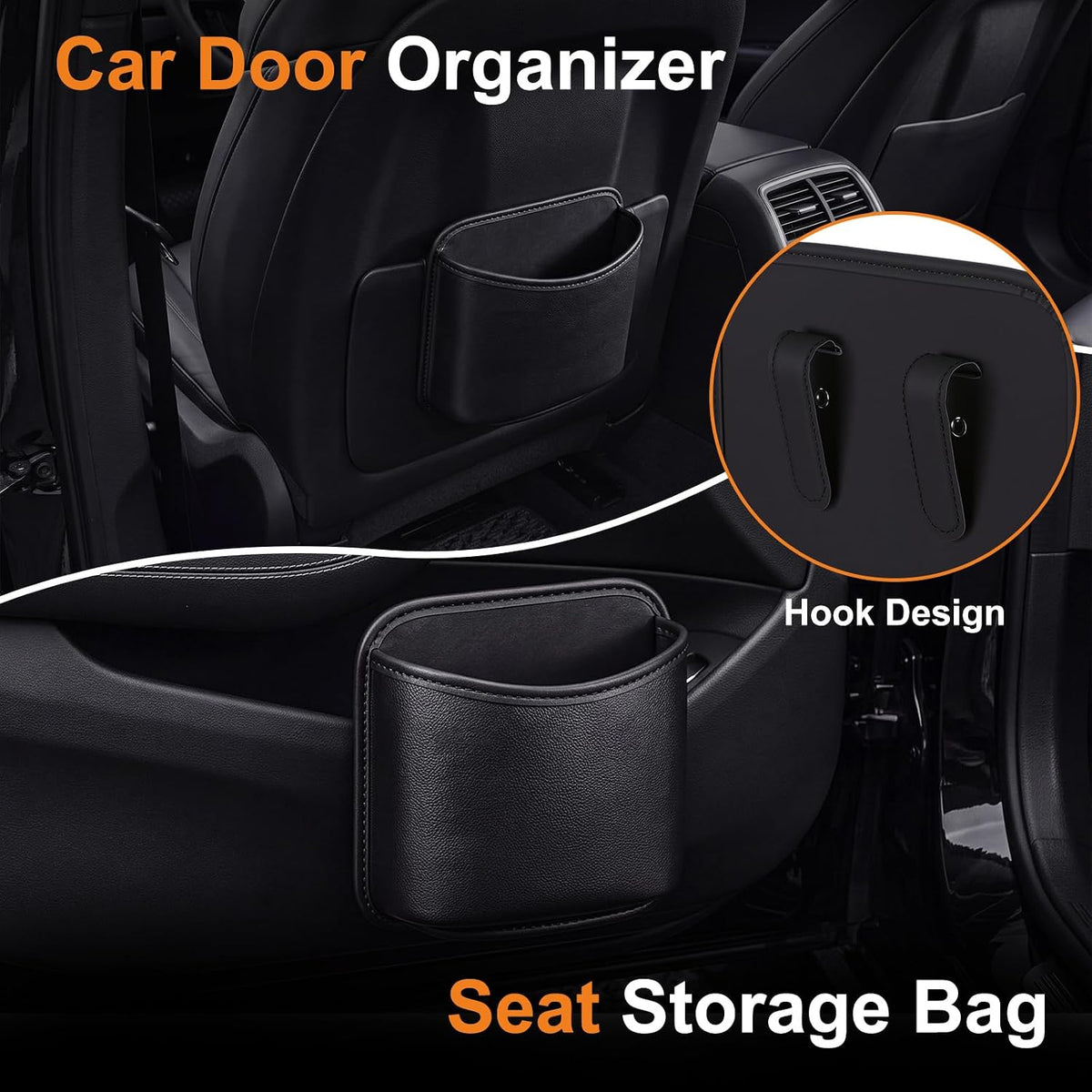 Leather Car Trash Can Hanging Car Garbage Bin with 4 Roll Trash Bag Leakproof Faux Leather Auto Garbage Container Easy Clean Vehicle Waste Basket for Suv, Truck, Sedan, Easy to Install, Black