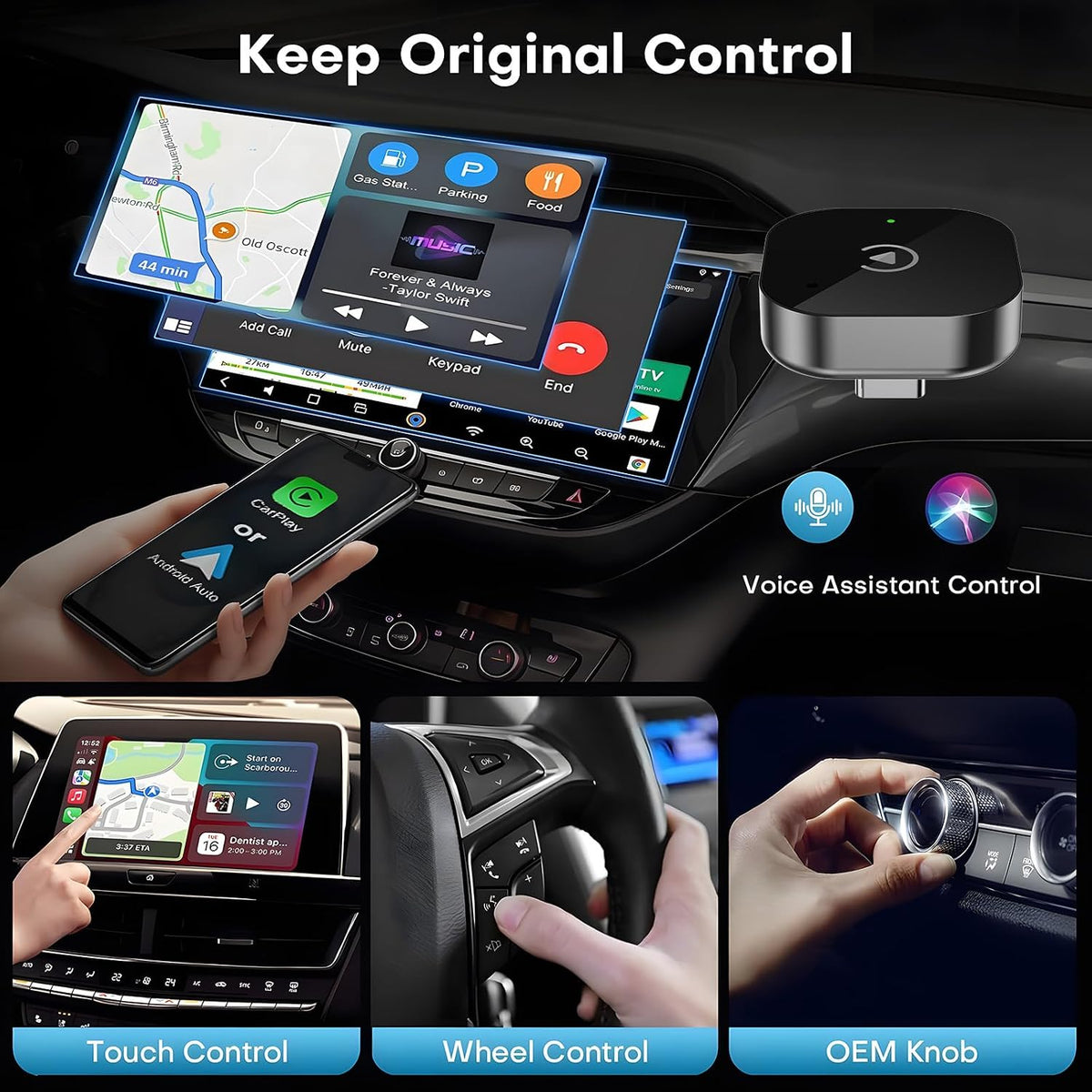 Wireless CarPlay Adapter, Mini USB-C Dongle with 5GHz WiFi, Converts Wired to Wireless CarPlay & Android Auto, Plug & Play, Auto Reconnect, No Lag, for 2016+ Cars, USB-A Adapter Included