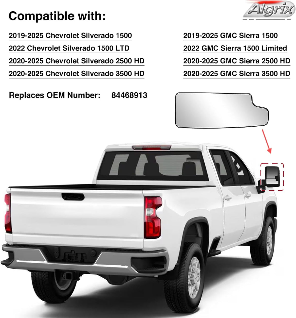 Passenger Side Lower Towing Mirror Glass for 2019-2025 Silverado Sierra