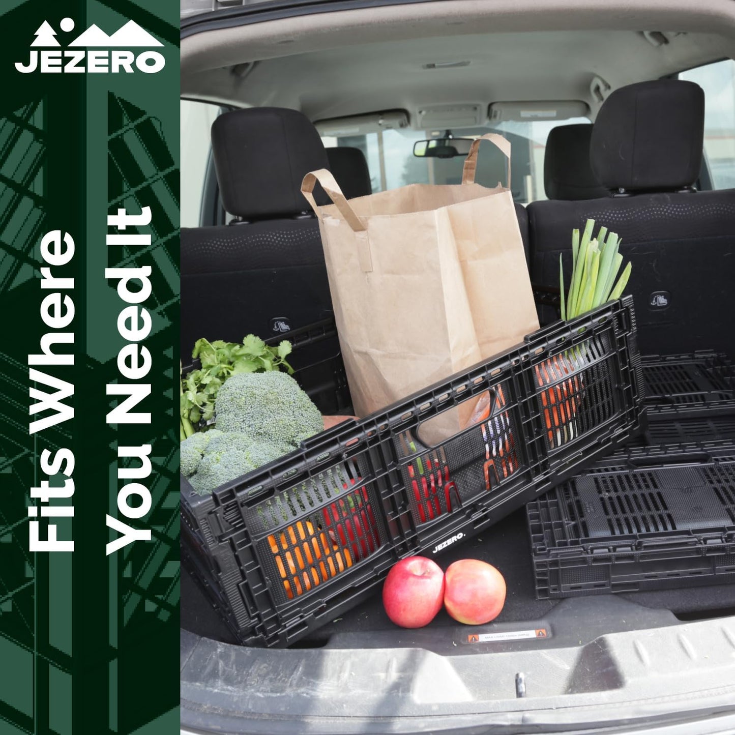 JEZERO Medium Collapsible Plastic Storage Crate – Stackable Utility Bin with Folding Walls for Garage, Closet, Car Trunk, and Home Organization | Black, 24" x 16" x 8"