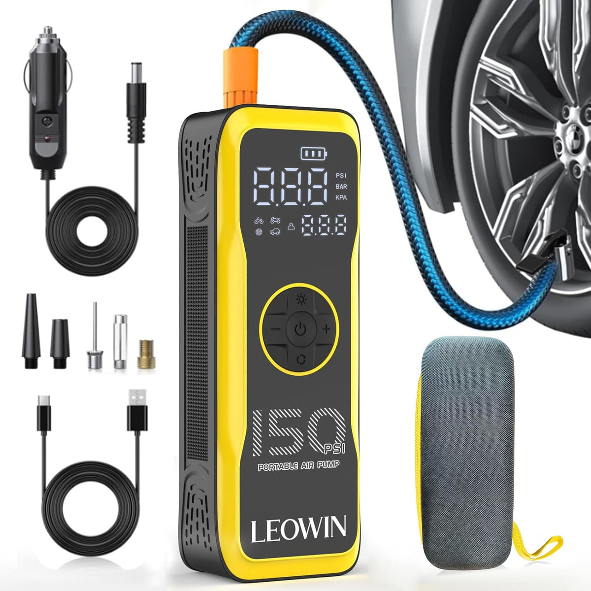 LEOWIN Portable Tire Air Pump with Digital Tire Pressure Meter/LED Light