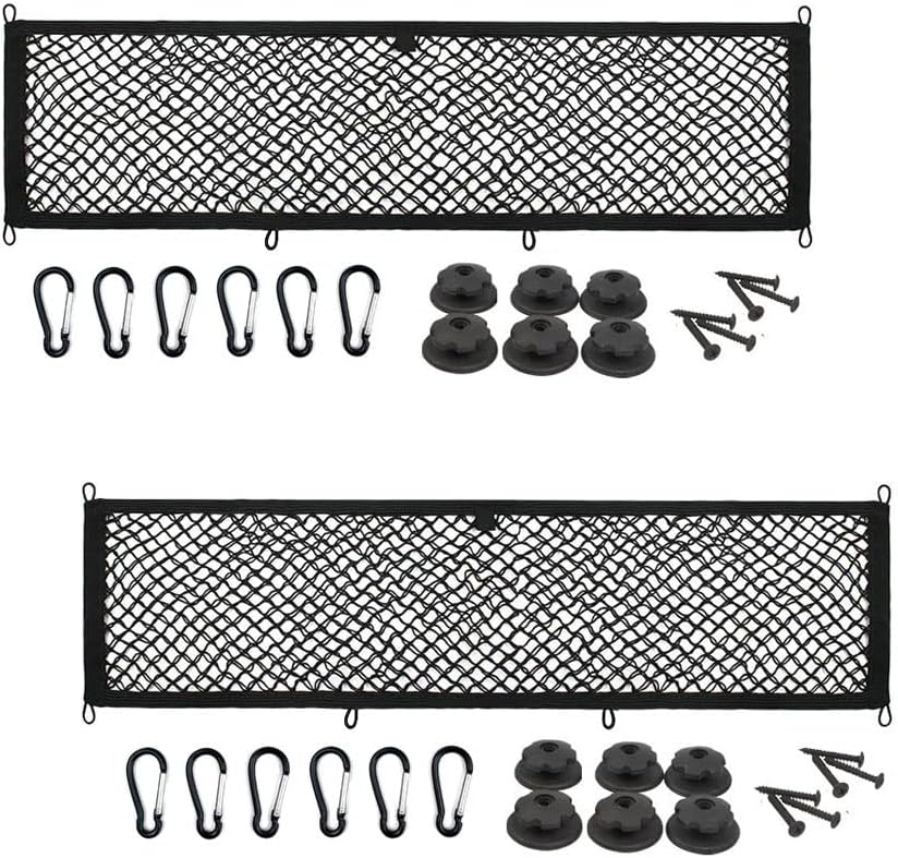 [2 PACK] JAVOedge Extra Large Cargo Net for Car, SUV, Truck, RV, Boat – Elastic Storage Mesh Organizer with Built‑In Hooks, 12 Screws & 12 Carabiners – Heavy‑Duty Trunk Cargo Net & Vehicle Storage Bag