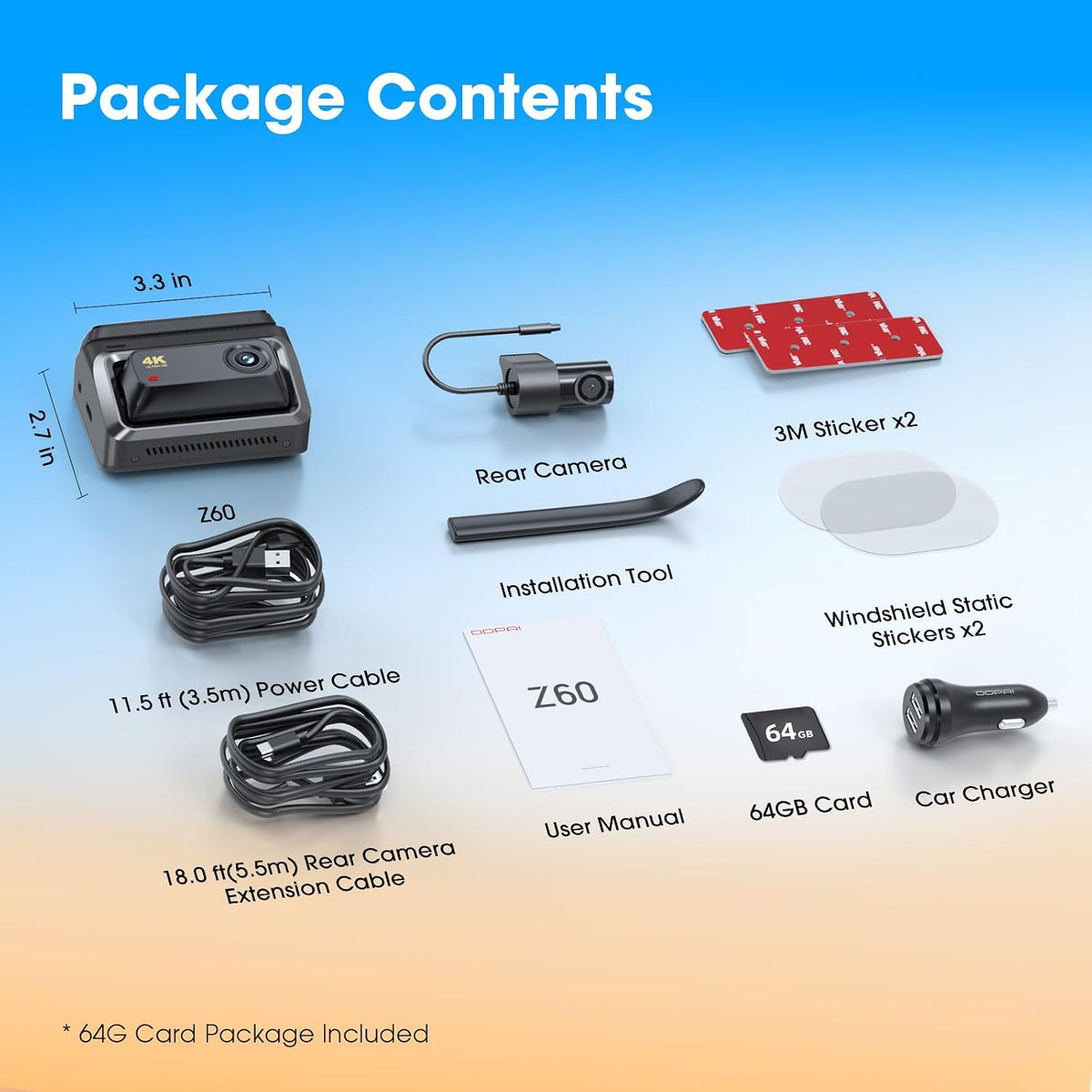 DDPAI Z60 4K+1080P Dual Dash Cam, G-Sensor, 32GB eMMC+64GB Card