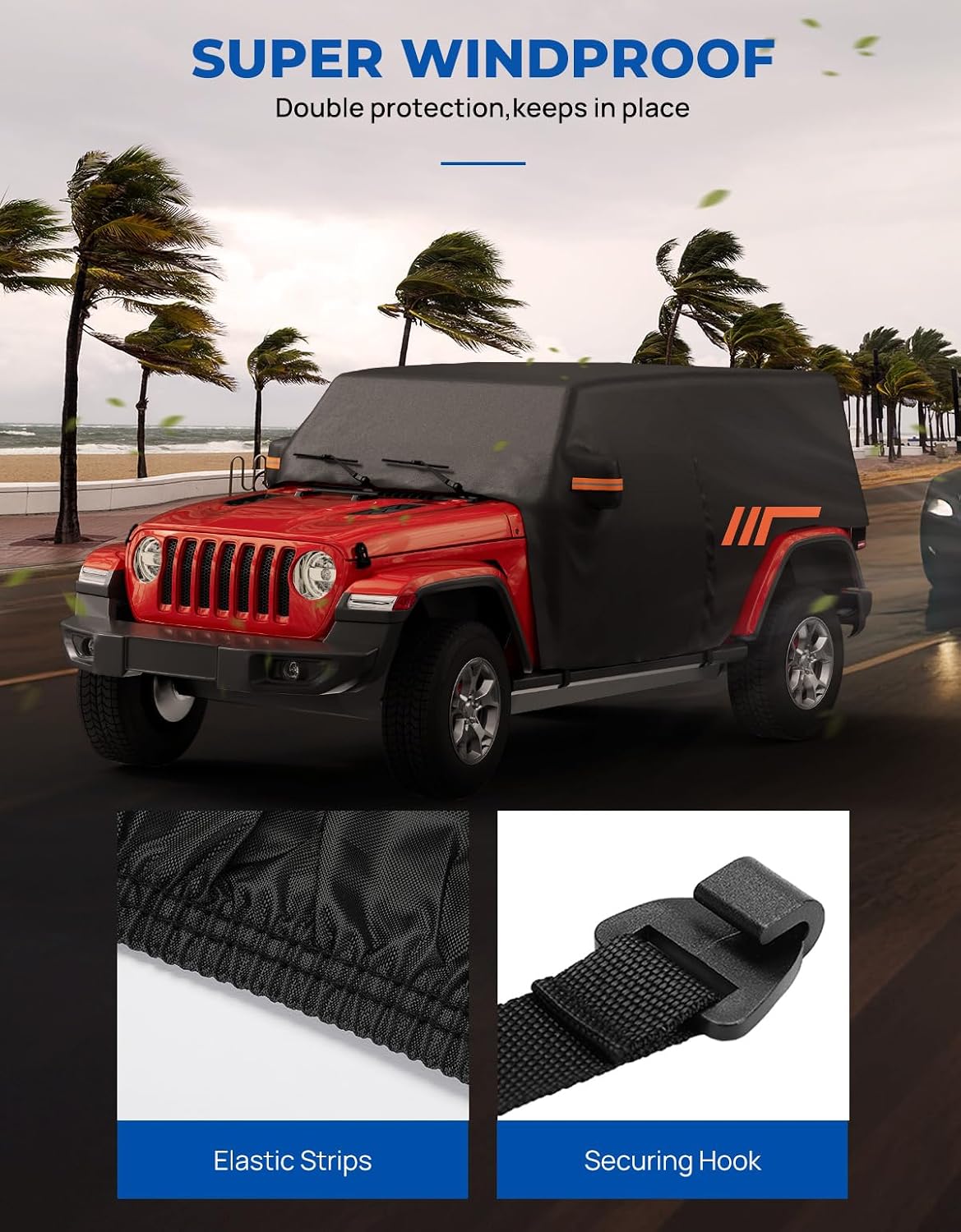 JOYTUTUS Cab Cover Compatible with Wrangler JK JL 4 Doors 2007-2026 | UPF 50+ Oxford, Zipper Access to Driver Door & Tailgate, Windproof Straps with Hooks, Reflective Stripe, Storage Bag Included