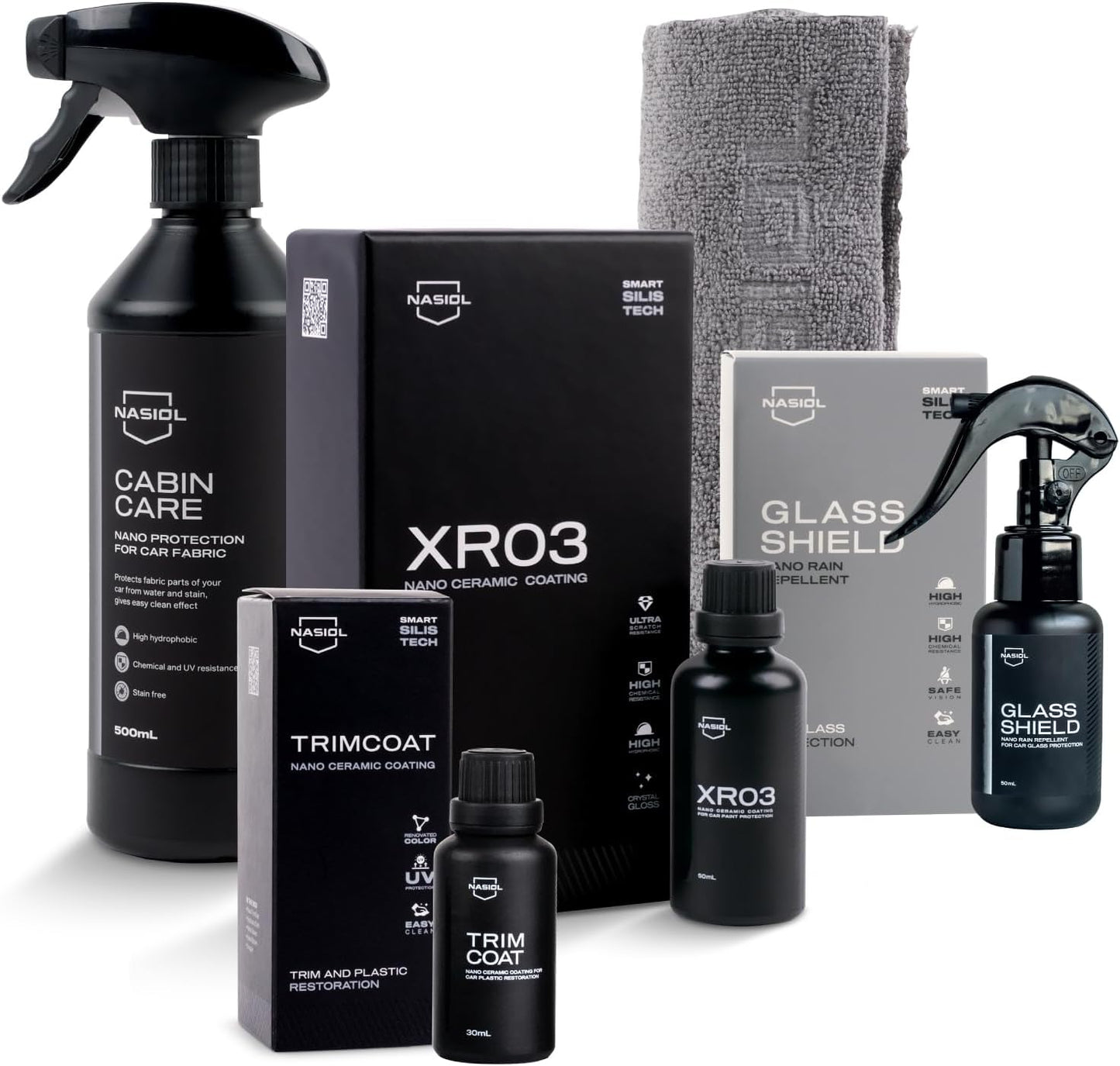Nasiol Car Nano Protection Package Professional - Advantage Set - Car Care Set (Rain Repellent, Ceramic Coating, Plastic Surface Protection, Fabric Surface Protection, Microfiber Cloth)