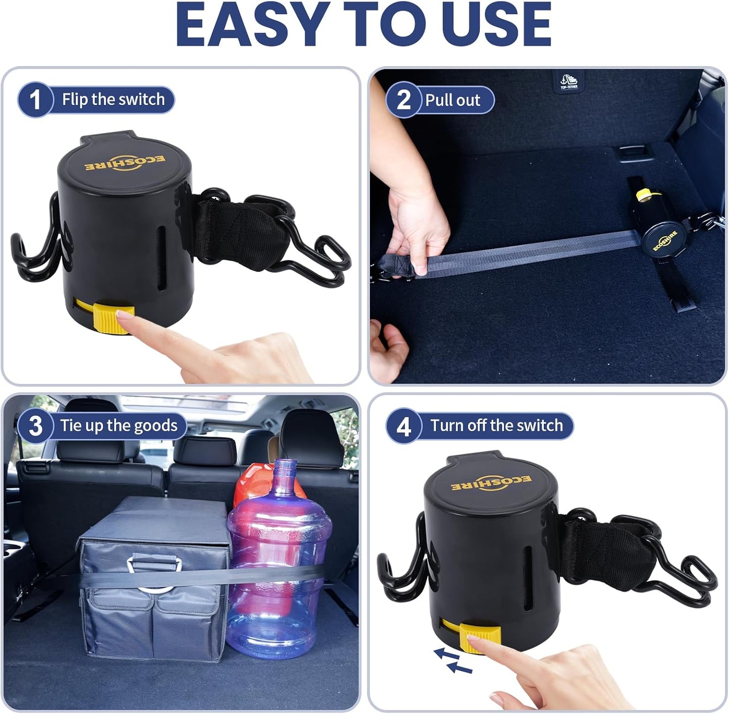 Cargo Straps for Car Trunk – Self-Retracting Tie-Down Straps – 2-Point Ratchet Tie-Down Straps with Hooks – Heavy-Duty Car Straps for Cargo Organization and Storage – for SUVs, Hatchbacks
