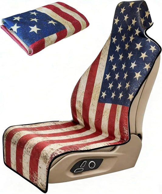 Waterproof Stain Resistant Towel Car Seat Covers，Universal Non-Slip for Gym Workout, Swimming, Beach and Workout Outdoor, Machine Washable(American Flag, 1 Pack)