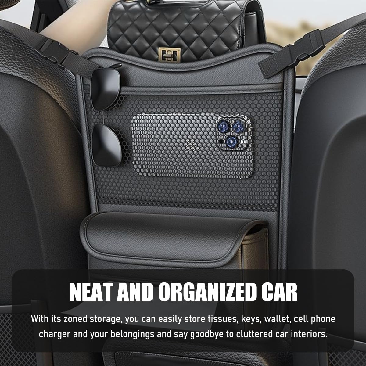 Car Organizer Storage Between Seats, Nappa Leather Front Seat Storage Bag with Tissue Holder, Automotive Console Hanging Net Pocket Handbag Holder for Phone Document (Gray)