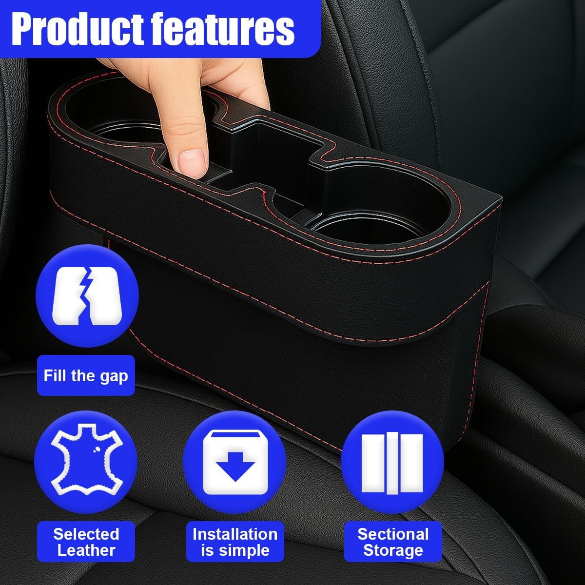 YoRise Car Cup Holder, PU Leather Automotive Cup Drink Holder, Car Seat Gap Filler Storage Box, Multifunctional Front Seat Organizer, Cell Mobile Phone Holder, Coin Bucket (Black)