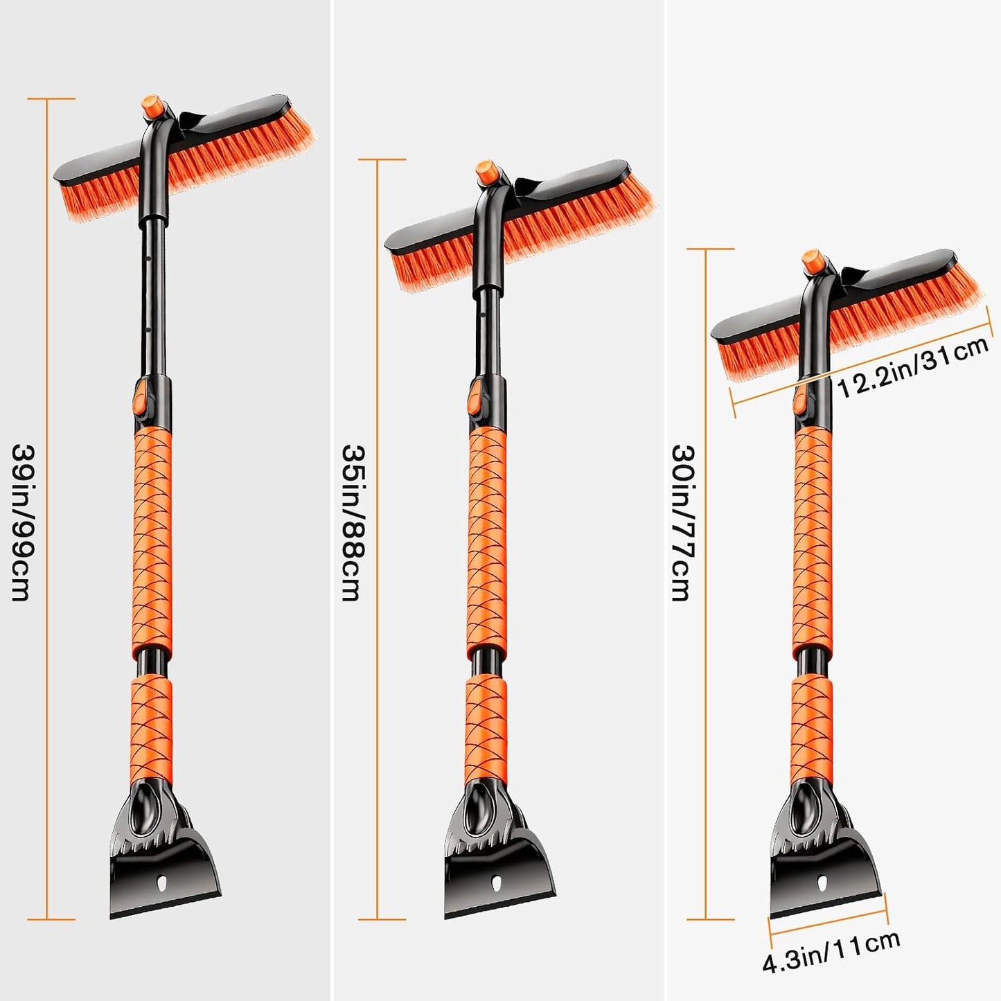 Showvigor Extendable Snow Brush and Ice Scraper for Car, 30"-35"-39" Adjustable Long Handle & 4.3" Ice Chipper, 360° Pivoting Brush Head & Comfortable Antiskid Grip