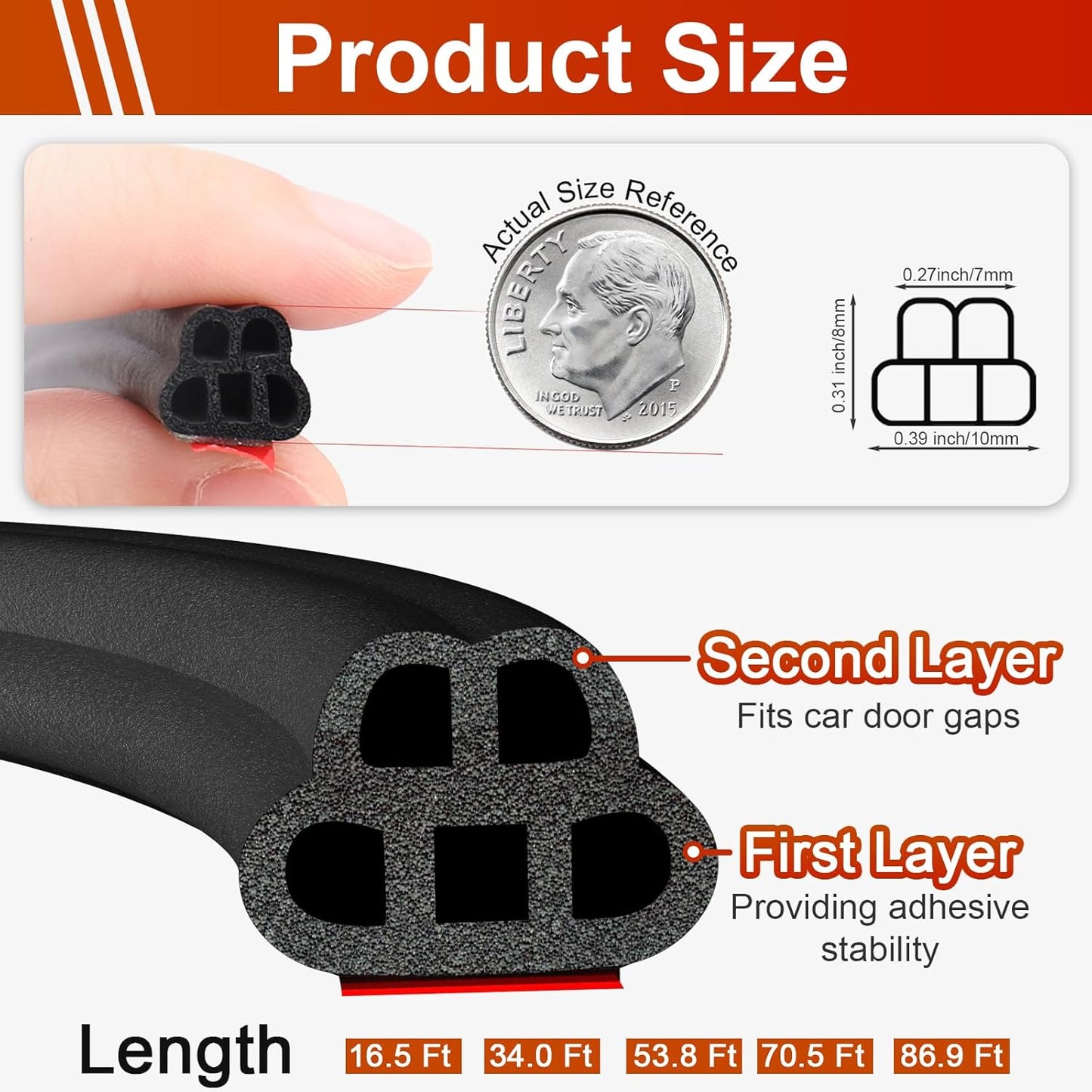 alophoty 34 Ft Car Door Seal Strip Universal Self Adhesive Automotive Weather Stripping, Double Layer 5-Hole Car Door Soundproofing Strip, Rubber Seal Strip for Cars Trucks SUVs RVs