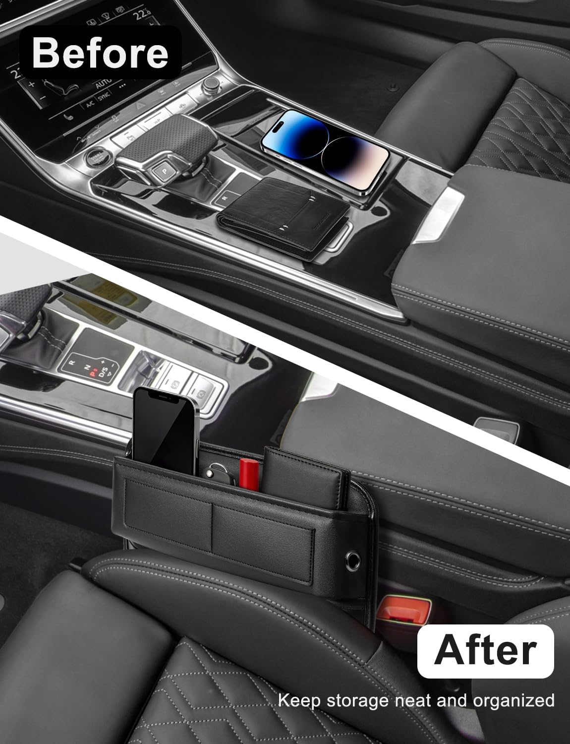 2 Pack Car Universal Fit Seat Gap Filler Organizer, Premium Leather Front Car Gap Filler, Center Console Seat Side Organizer with Card Slots for Car, SUV Truck, Easy Access to Phone, Sunglasses, Key