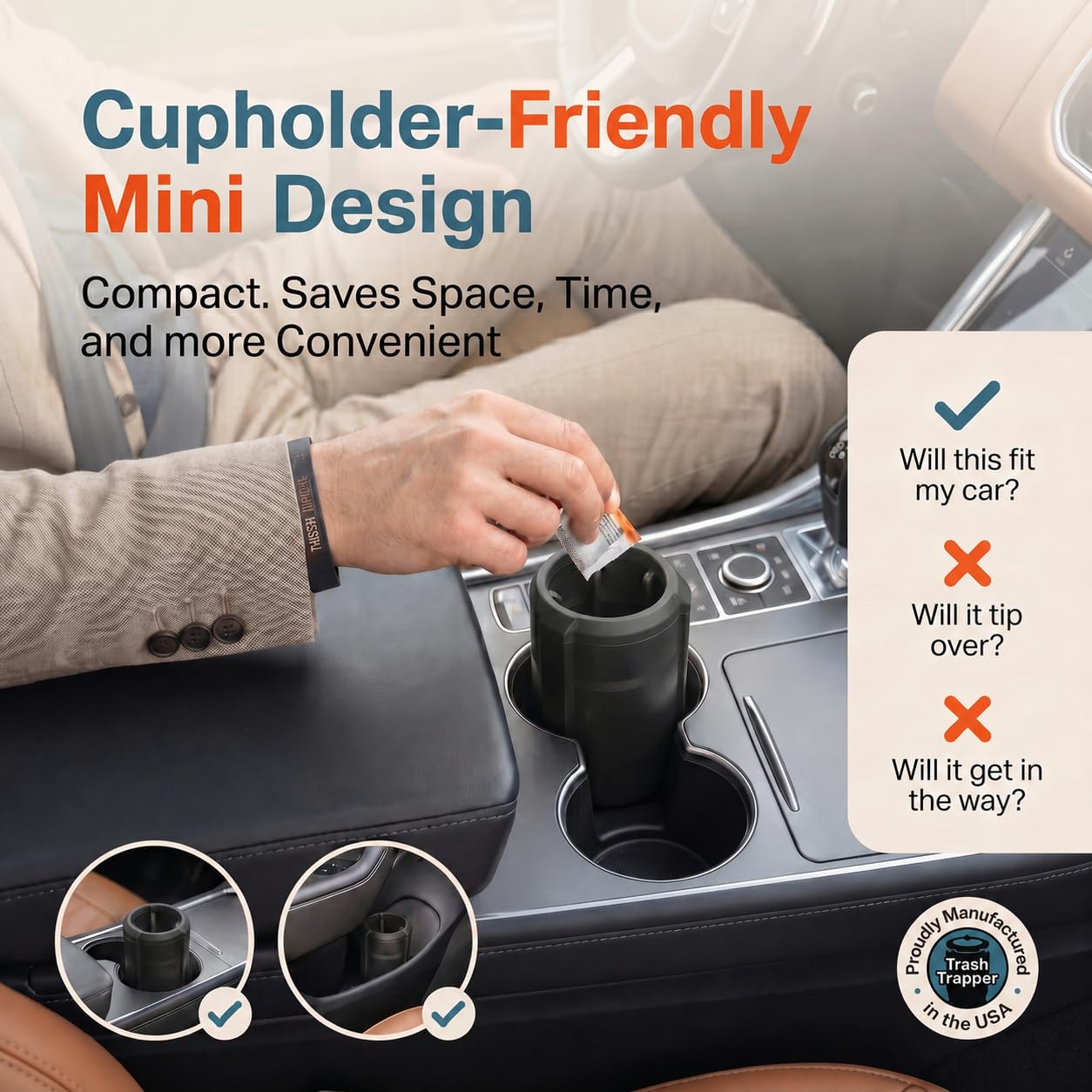 Trash Trapper Car Trash Can Cup Holder | Mini Car Trash Can | Fits in Most Doors | 5.1" x 2.9" | Traps More & Empties Less, Patent-Pending Compaction, Holds Weeks of Small Garbage, Black/Grey