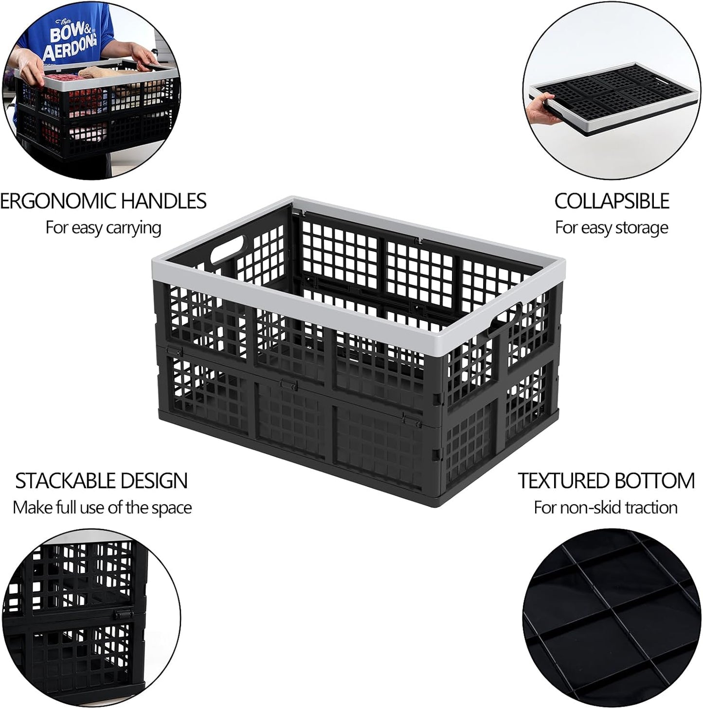 42L Collapsible Milk Crates, 4 Packs Foldable Storage Bins | Heavy-Duty Plastic Stackable Basket Crate, Black Folding Crate for Garage, Car, Pantry Storage