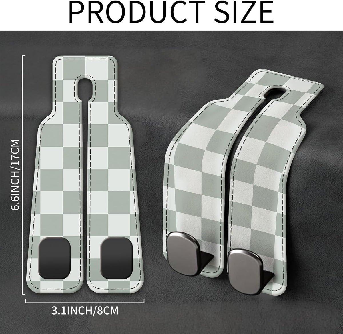 Car Seat Back Storage Headrest Hook, Premium Leather Double Metal Hook, Hanger Storage Organizer for Purse Cloth Bag, Car Interior Accessories Cute Green Plaid
