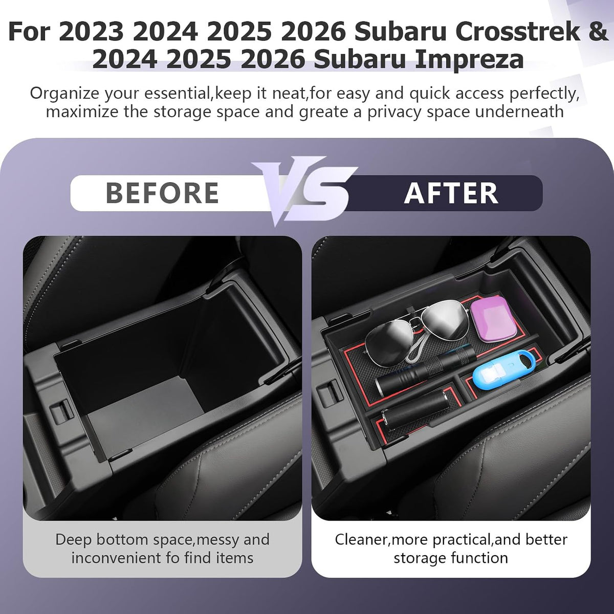 LUWU Center Console Organizer Compatible with Subaru Crosstrek & Impreza 2024-2026 Accessories Armrest Console Secondary Storage Box Insert Tray ABS Material with Coin Holder Red