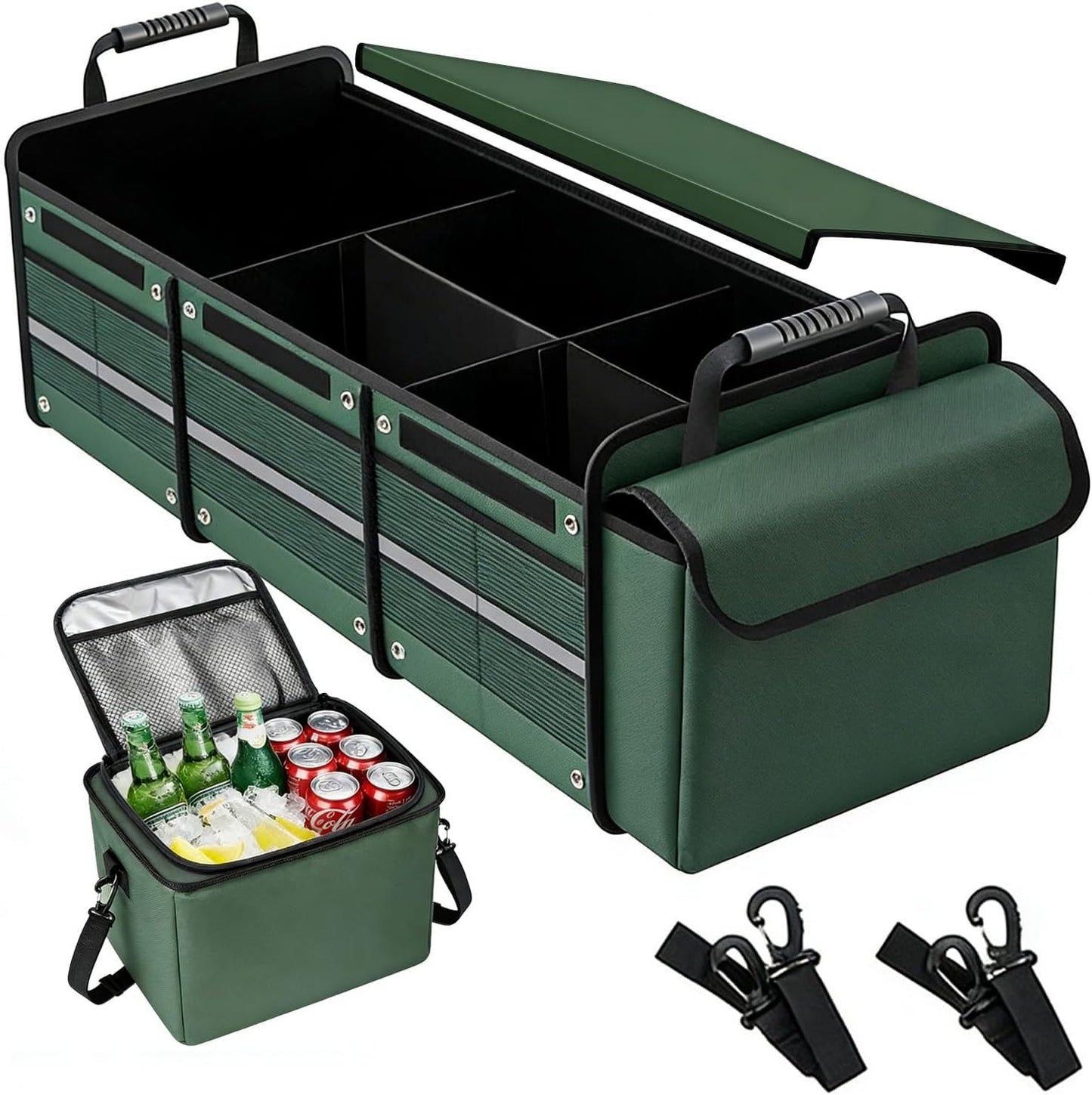Car Trunk Organizer with Removable Cooler Bag - Collapsible Multi-Compartment Storage for SUV Truck Groceries Camping, Durable Nylon Auto Cargo Organizer (Green)