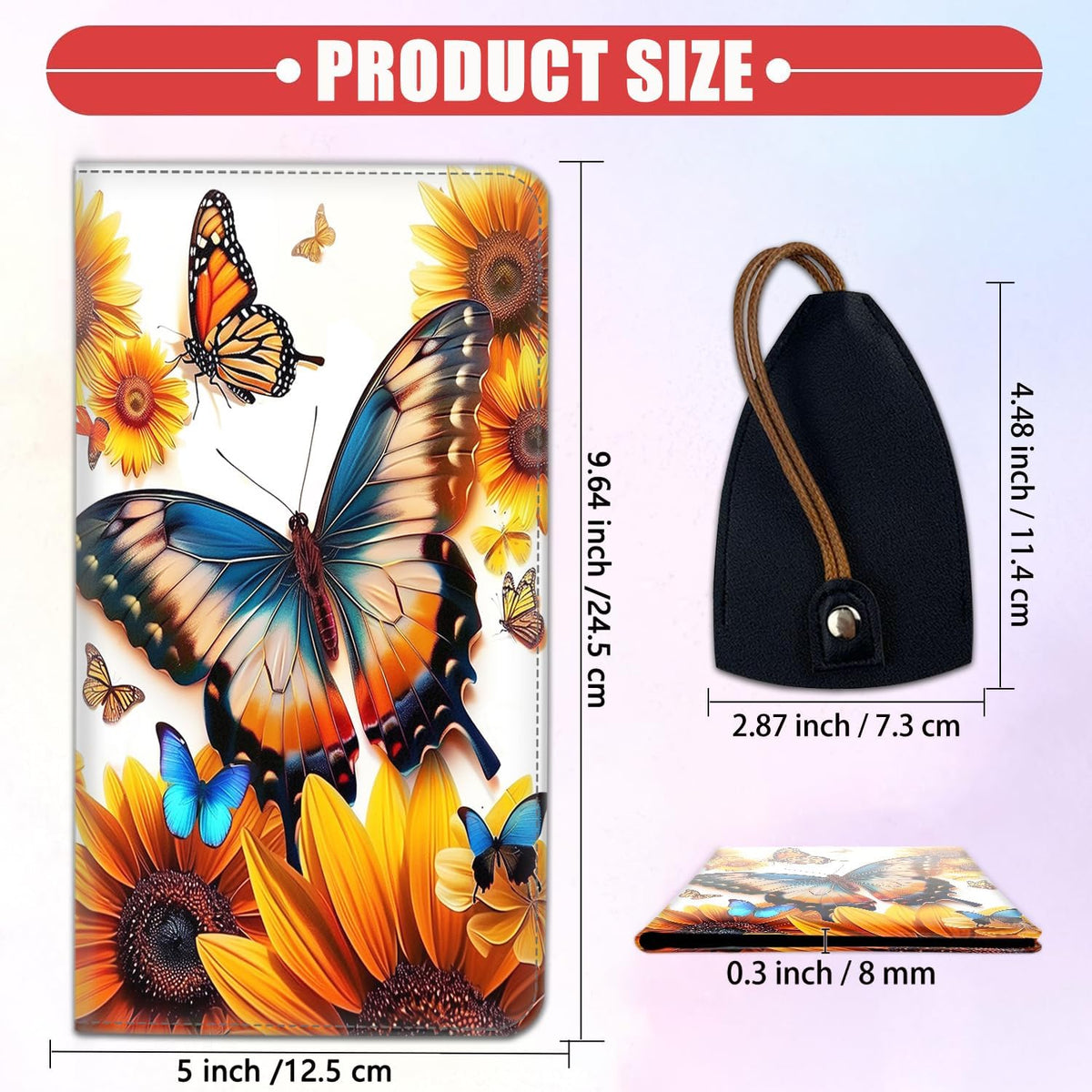 Car Registration Holder, Waterproof PU Leather Vehicle Card Document Glove Box Organizer, Women Interior Auto Accessories Case for Cards, Driver License Car Insurance Holder, Butterflies + Sunflowers