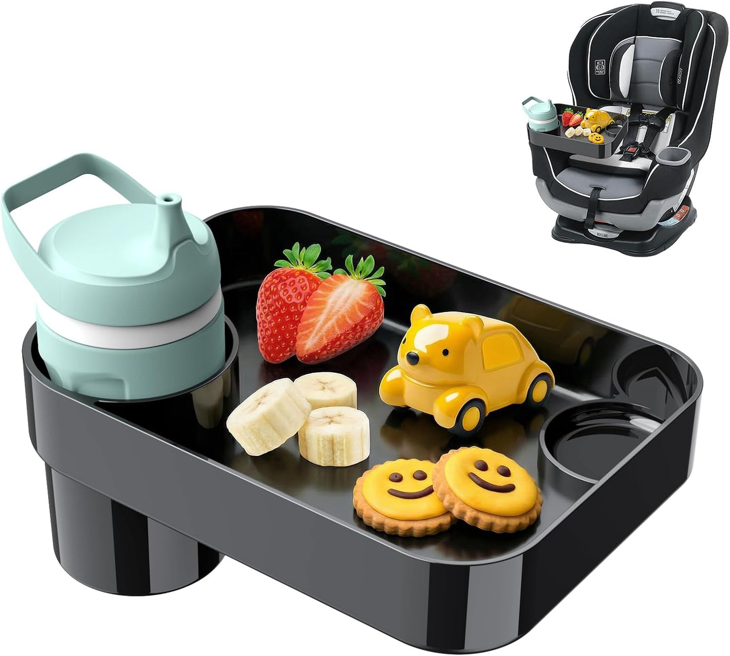 [2 Pack] Car Seat Snack Tray for Toddlers - 3 Inch Cup Holder Fits Most Sippy Cups & Straw Bottles with Dip Well, Mess-Free Square Kids Travel Tray Road Trip Essentials, Black, 2