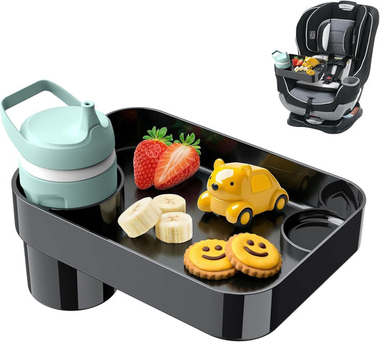 [2 Pack] Car Seat Snack Tray for Toddlers - 3 Inch Cup Holder Fits Most Sippy Cups & Straw Bottles with Dip Well, Mess-Free Square Kids Travel Tray Road Trip Essentials, Black, 2
