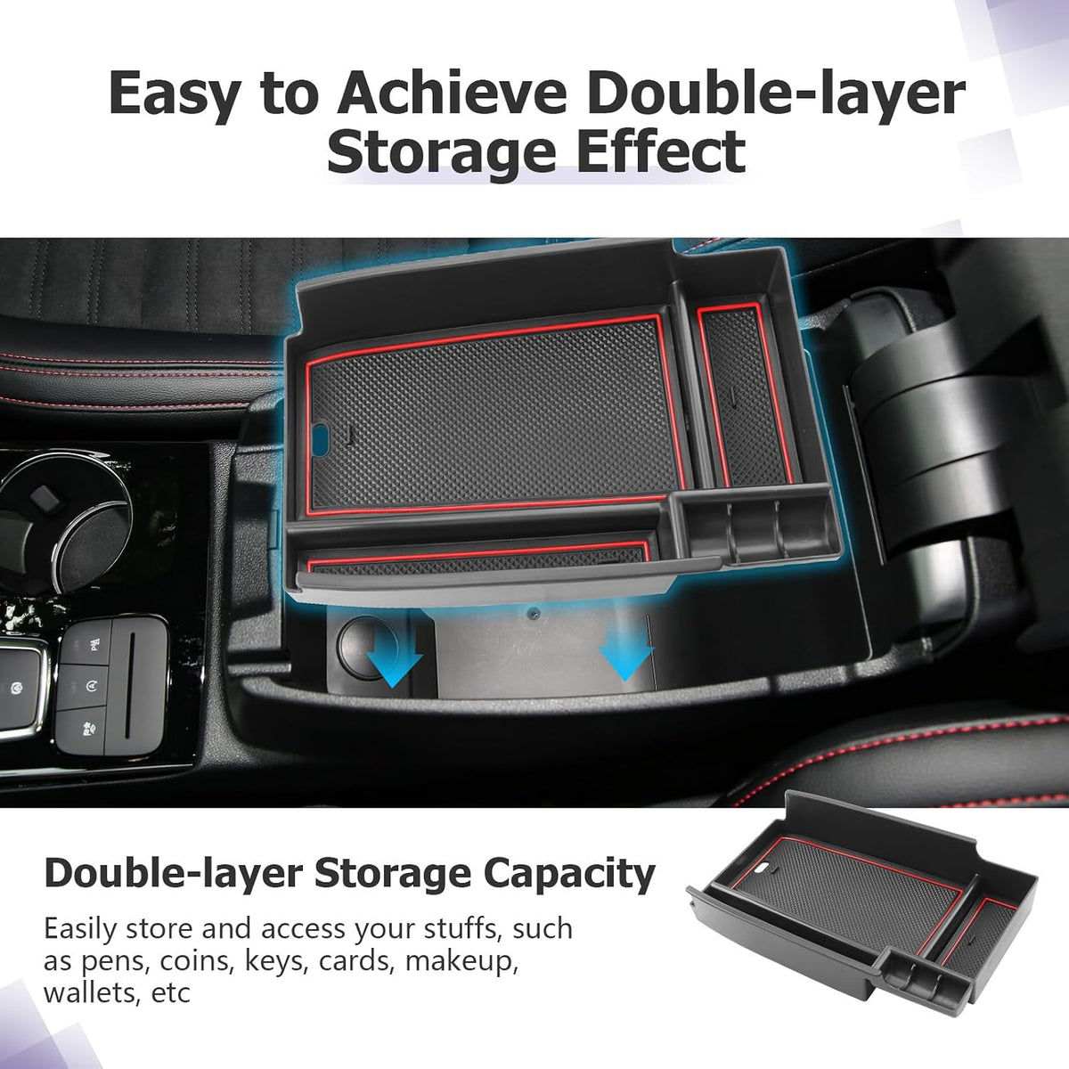 LUWU Center Console Organizer Compatible with Ford Escape 2020-2025 2026 Accessories Bronco Sport 2021-2025 Accessories Armrest Console Storage Box Insert Tray ABS Material Black Coin Container Red