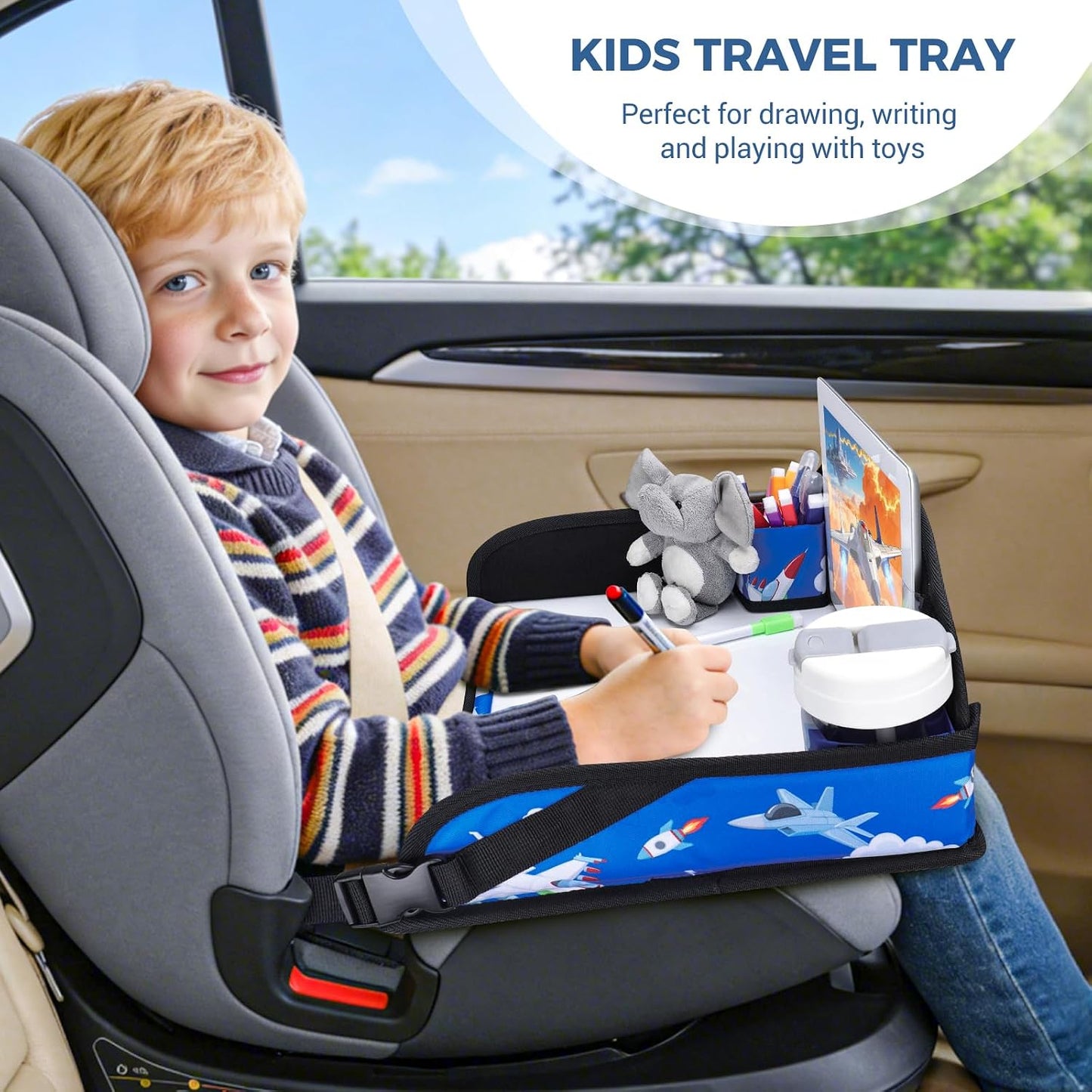 COOLBEBE Kids Travel Tray for Toddler Car Seat, Travel Tray for Airplane, Toddler Car Seat Lap Tray, Carseat Table Tray for Kids Travel Activities (Blue Plane)
