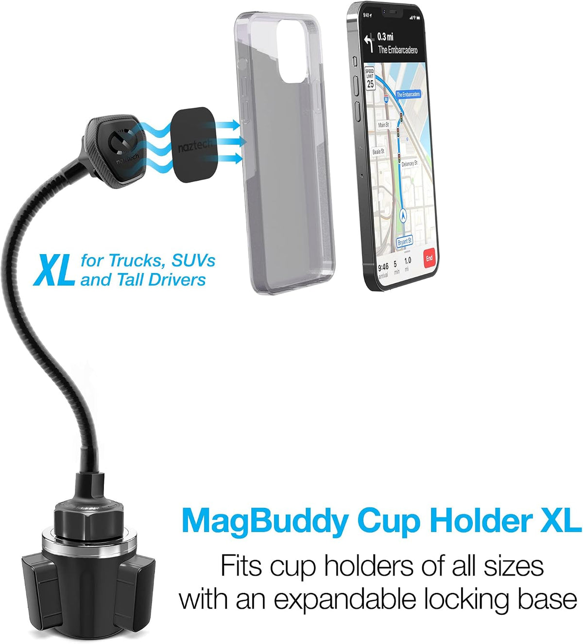 Naztech MagBuddy Elite XL Car Phone Holder - Magnetic Mount for Cup Holder with 11 Inch Gooseneck & 360 Degree Swivel, Universal Compatibility for iPhone, Android & GPS Units