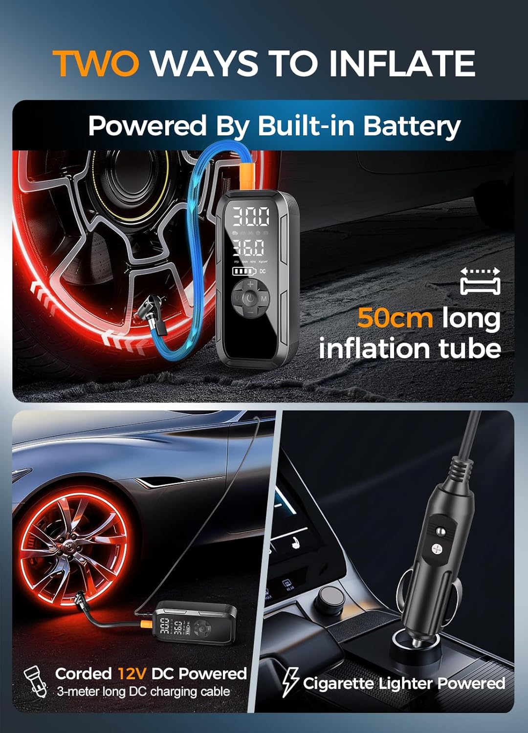 Y51 Tire Inflator Portable Air Compressor, 150 PSI Cordless Electric Air Pump for Car Tires, Auto Shut-Off/ 4500mAh/ 12V DC Car Plug/Accurate LCD Display & LED Light for Car, Motorcycle, Bike, Ball