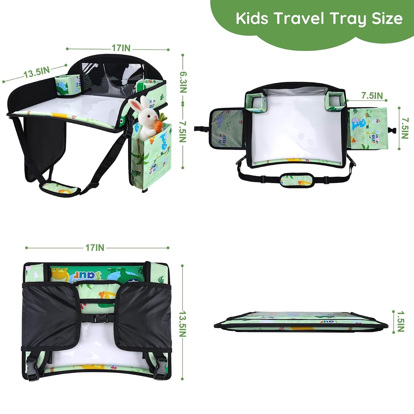 Kids Travel Tray, Kids Travel Trays for Car Seat, Road Trip Essentials for Toddler, Carseat Lap Tray with Dry Erase Board & Storage Organizer for Road Trip Activities for Kid, Green